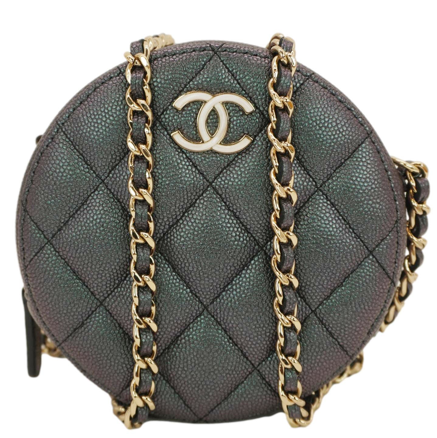 CHANEL Round Quilted Iridescent Caviar Leather Clutch Crossbody Bag Green - Image 3