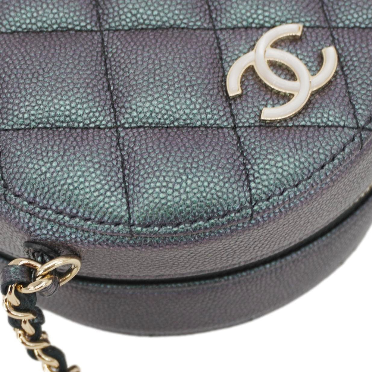 CHANEL Round Quilted Iridescent Caviar Leather Clutch Crossbody Bag Green - Image 7