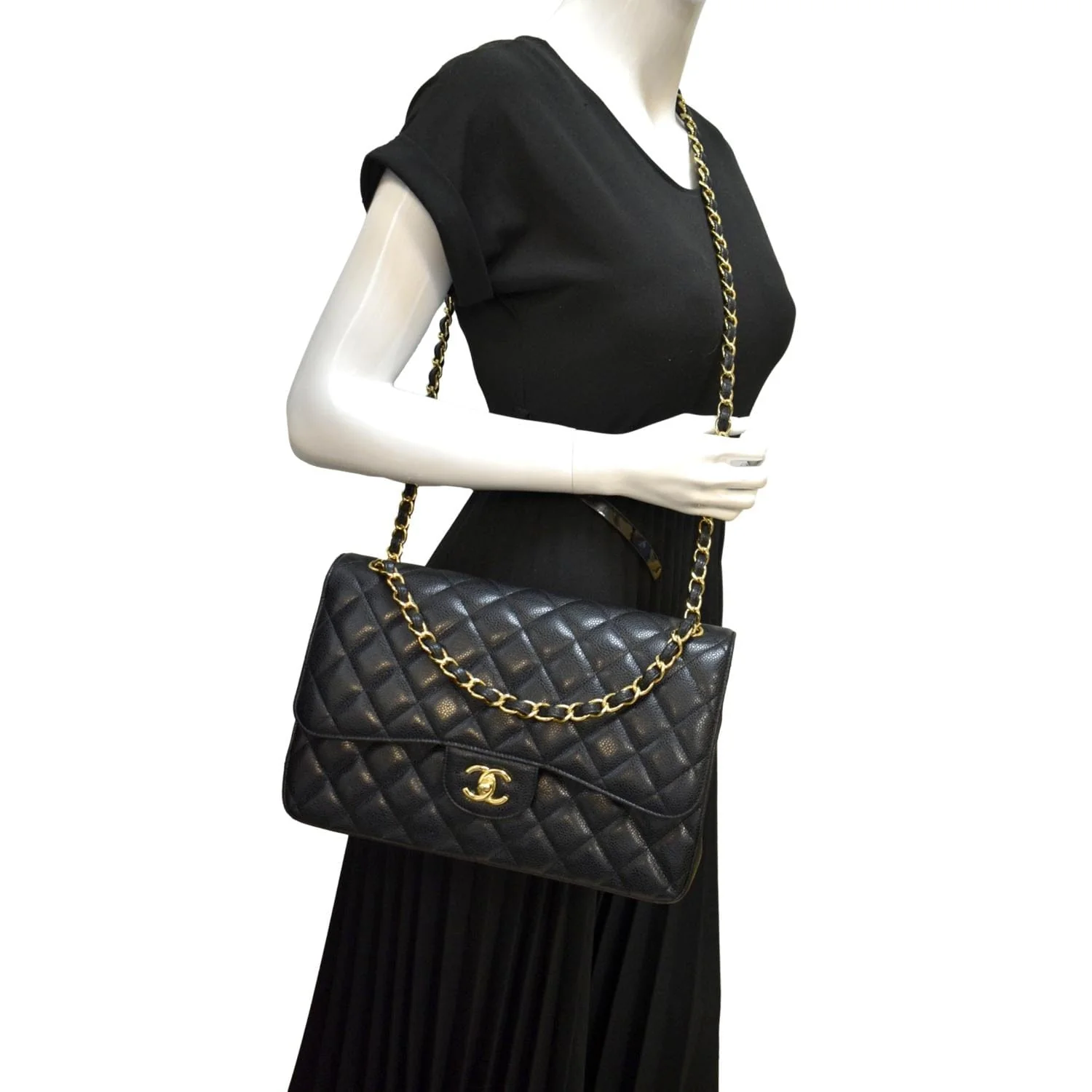 CHANEL Classic Jumbo Double Flap Quilted Caviar Leather Shoulder Bag Black - Image 2