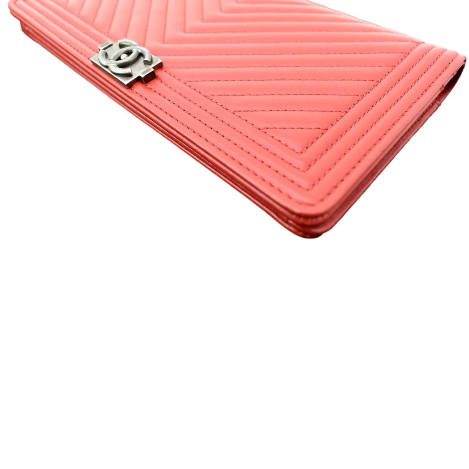 CHANEL Women Long Flap Chevron Leather Wallet Red - Image 7