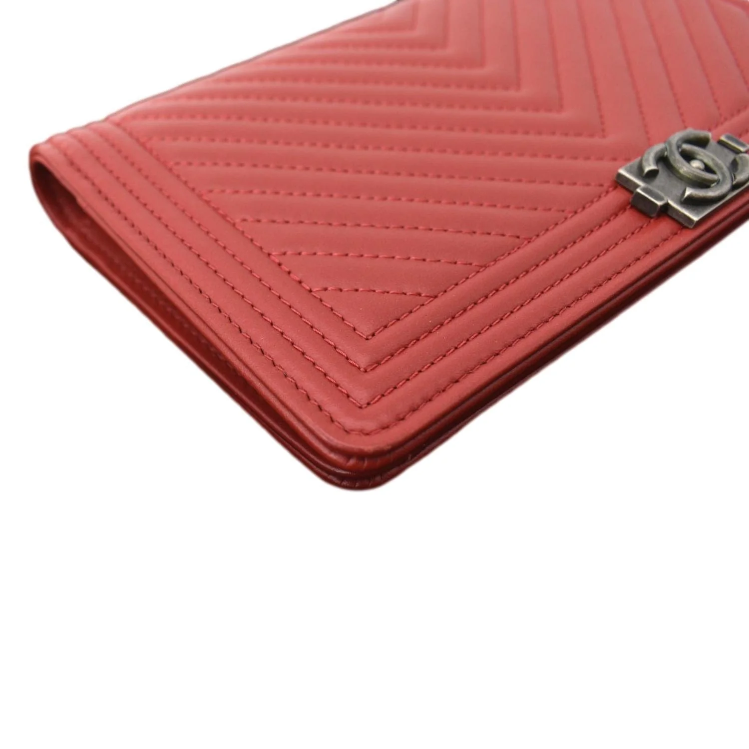 CHANEL Women Long Flap Chevron Leather Wallet Red - Image 8