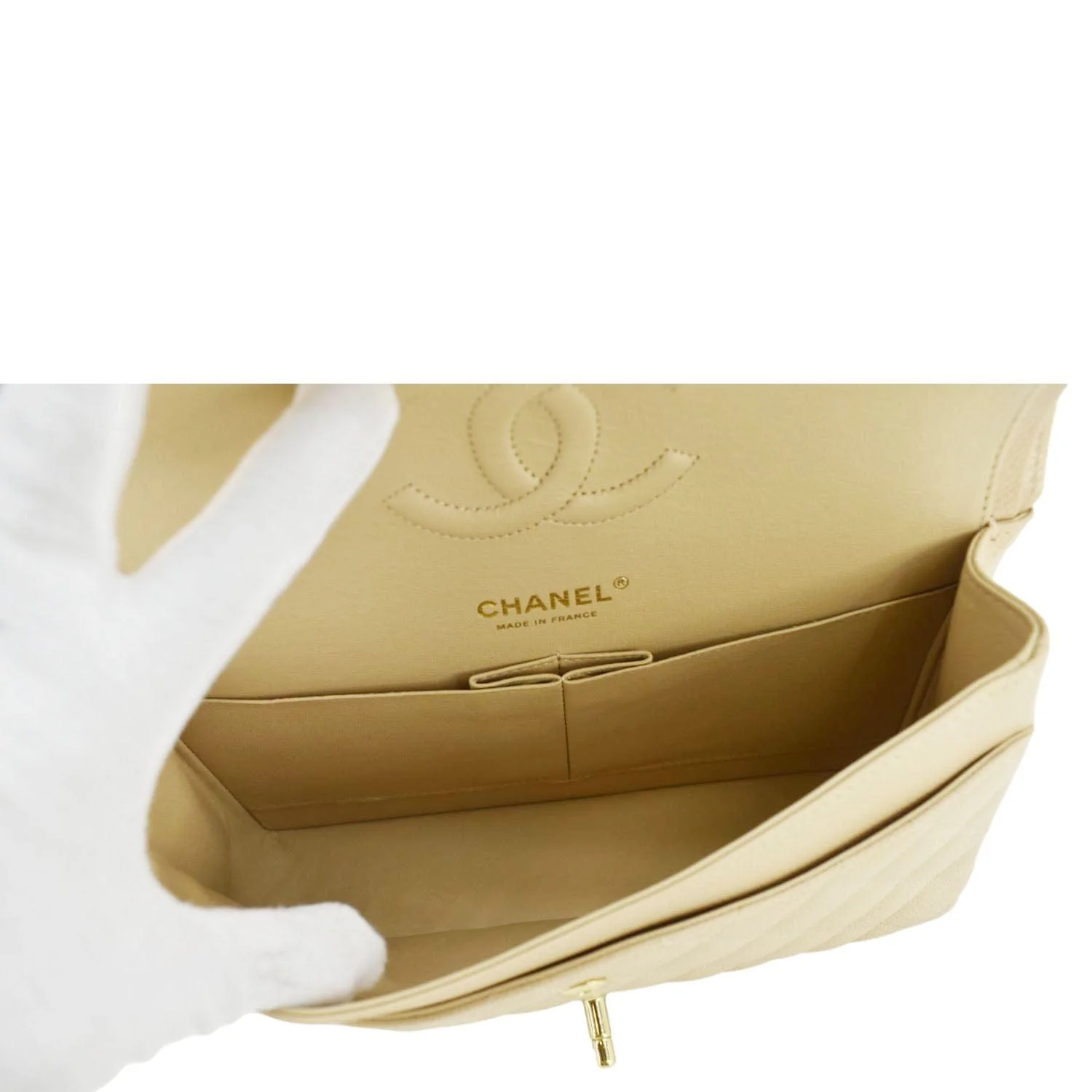 CHANEL Double Flap Medium Quilted Caviar Leather Shoulder Bag Cream - Image 11