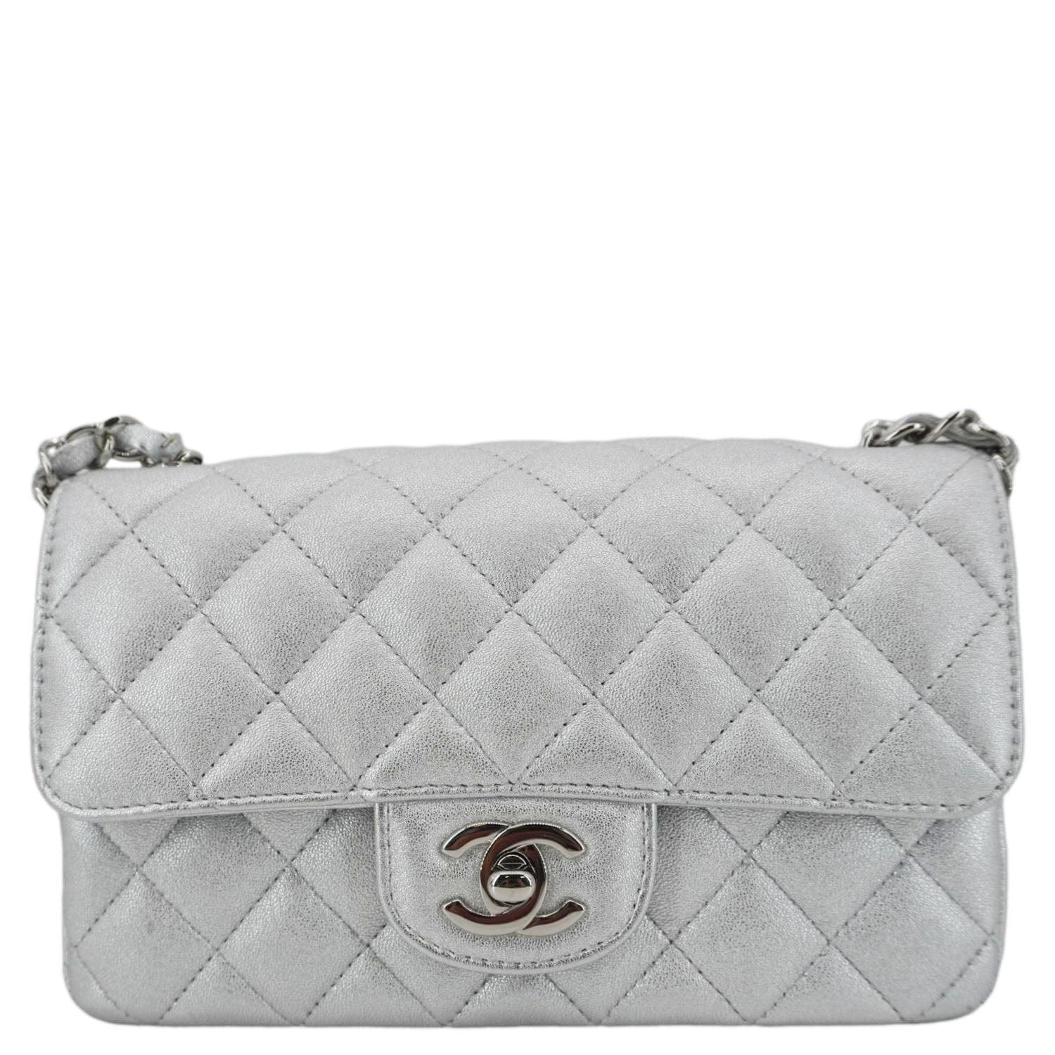 CHANEL Rectangular Flap Mini Lambskin Leather Shoulder Bag Silver Metallic - Image 3