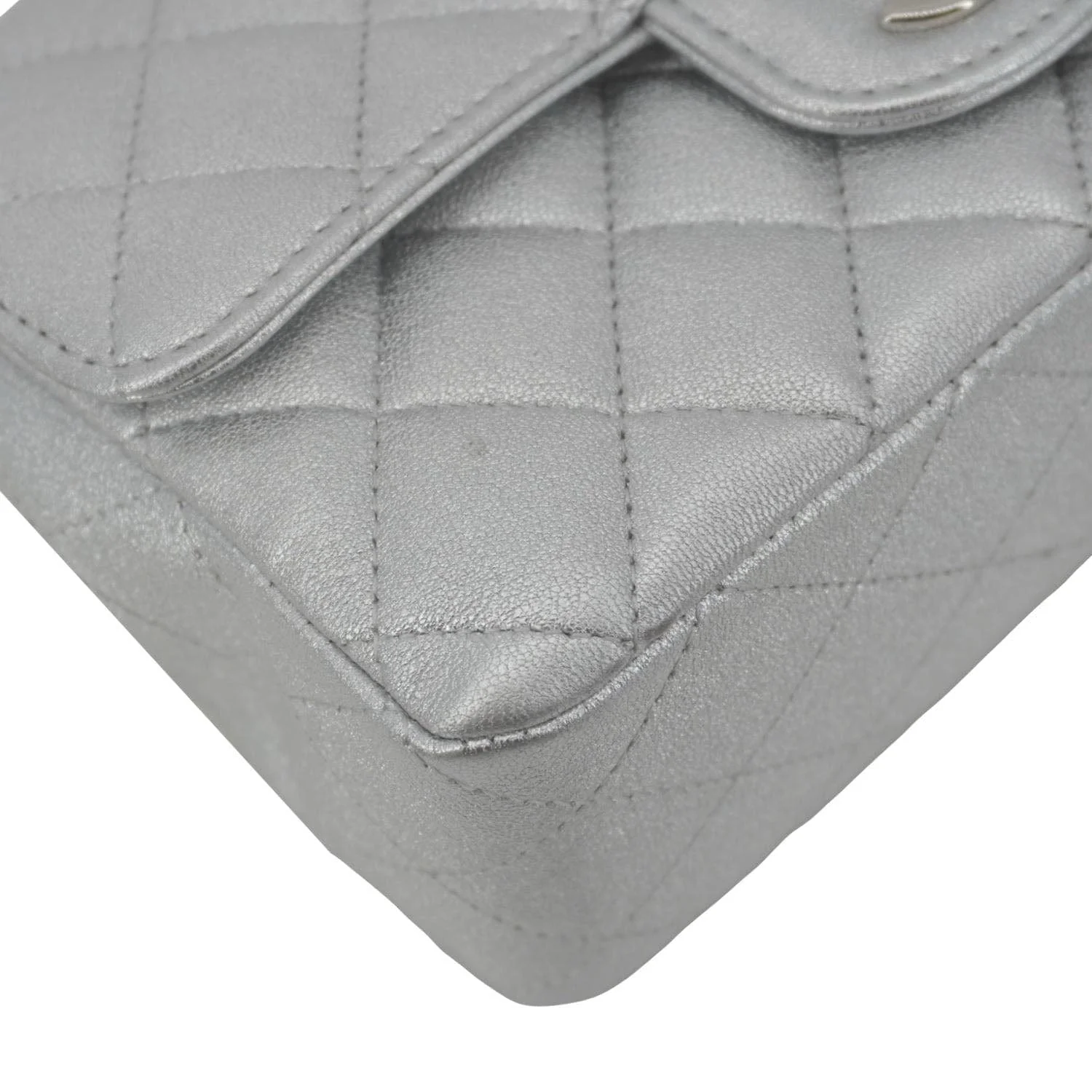 CHANEL Rectangular Flap Mini Lambskin Leather Shoulder Bag Silver Metallic - Image 9