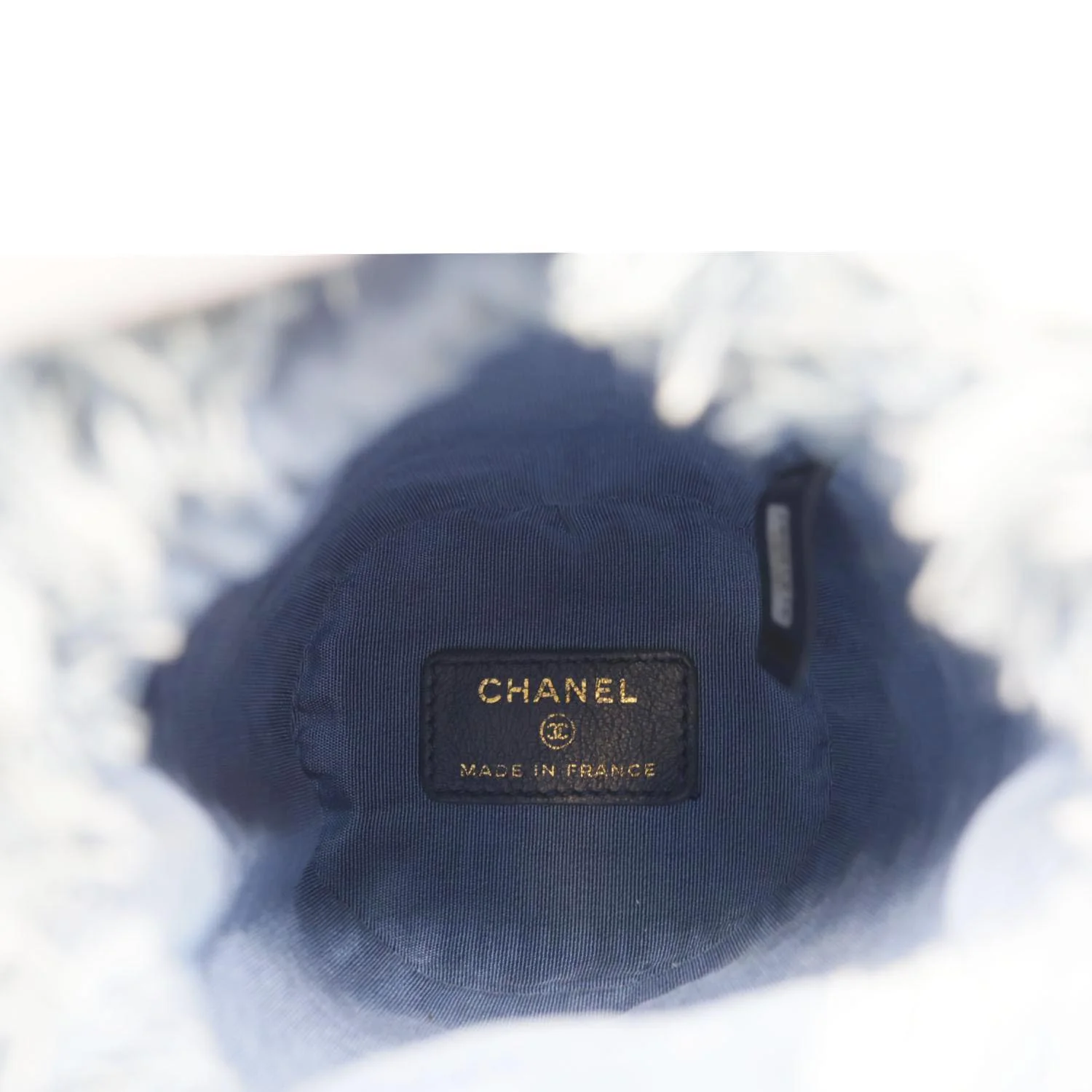 CHANEL Mood Logo Printed Quilted Denim Chain Bucket Bag Blue - Image 14