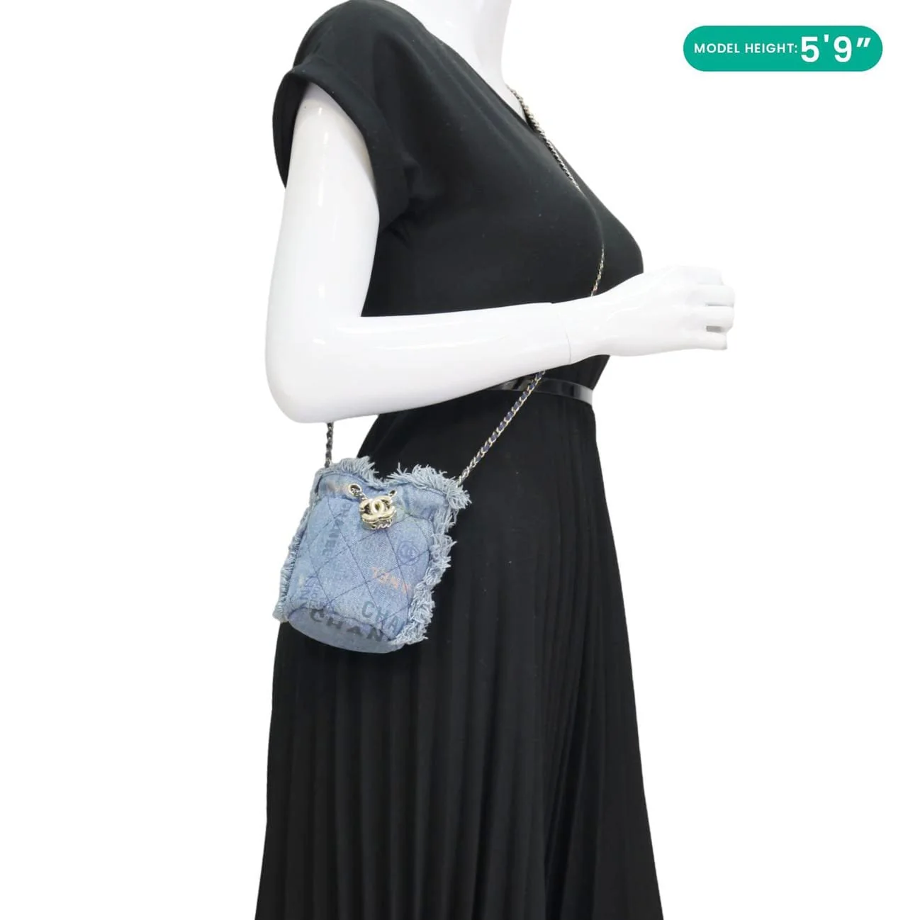 CHANEL Mood Logo Printed Quilted Denim Chain Bucket Bag Blue - Image 2