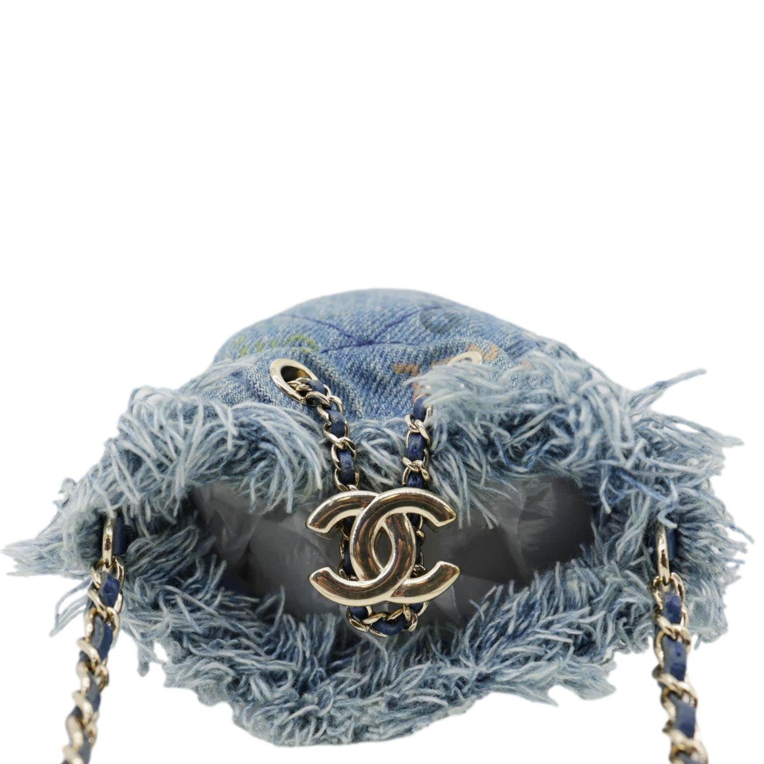 CHANEL Mood Logo Printed Quilted Denim Chain Bucket Bag Blue - Image 6