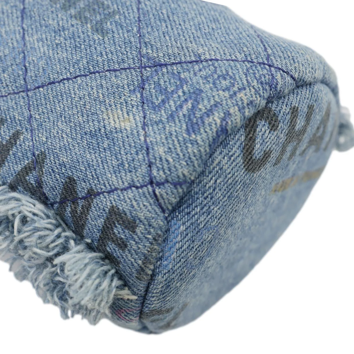 CHANEL Mood Logo Printed Quilted Denim Chain Bucket Bag Blue - Image 9
