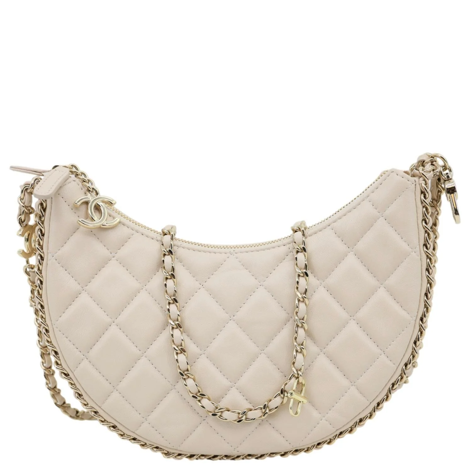 CHANEL Moon Small Quilted Lambskin Leather Hobo Bag Off White - Image 3