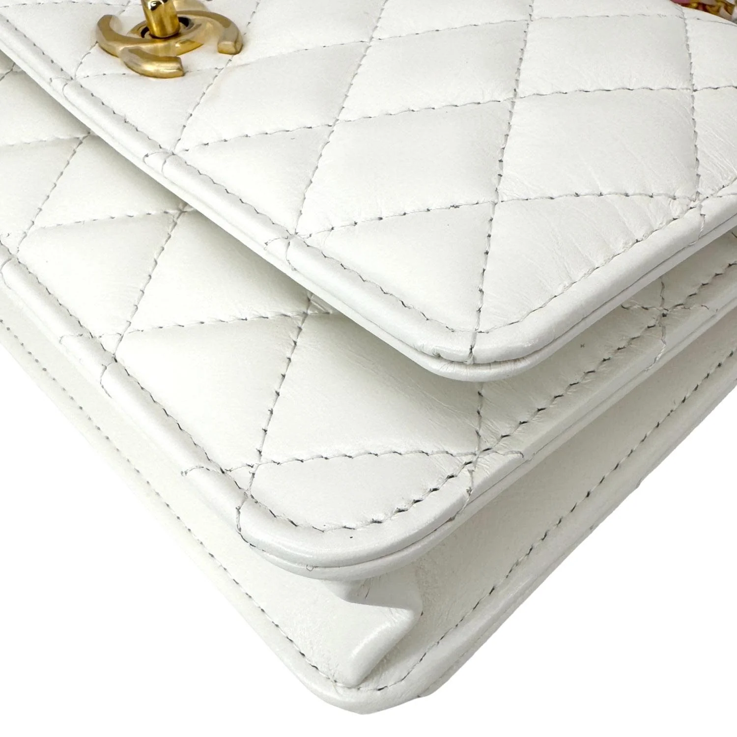 CHANEL Top Handle Multicolor Quilted Leather Crossbody Wallet On Chain White - Image 8