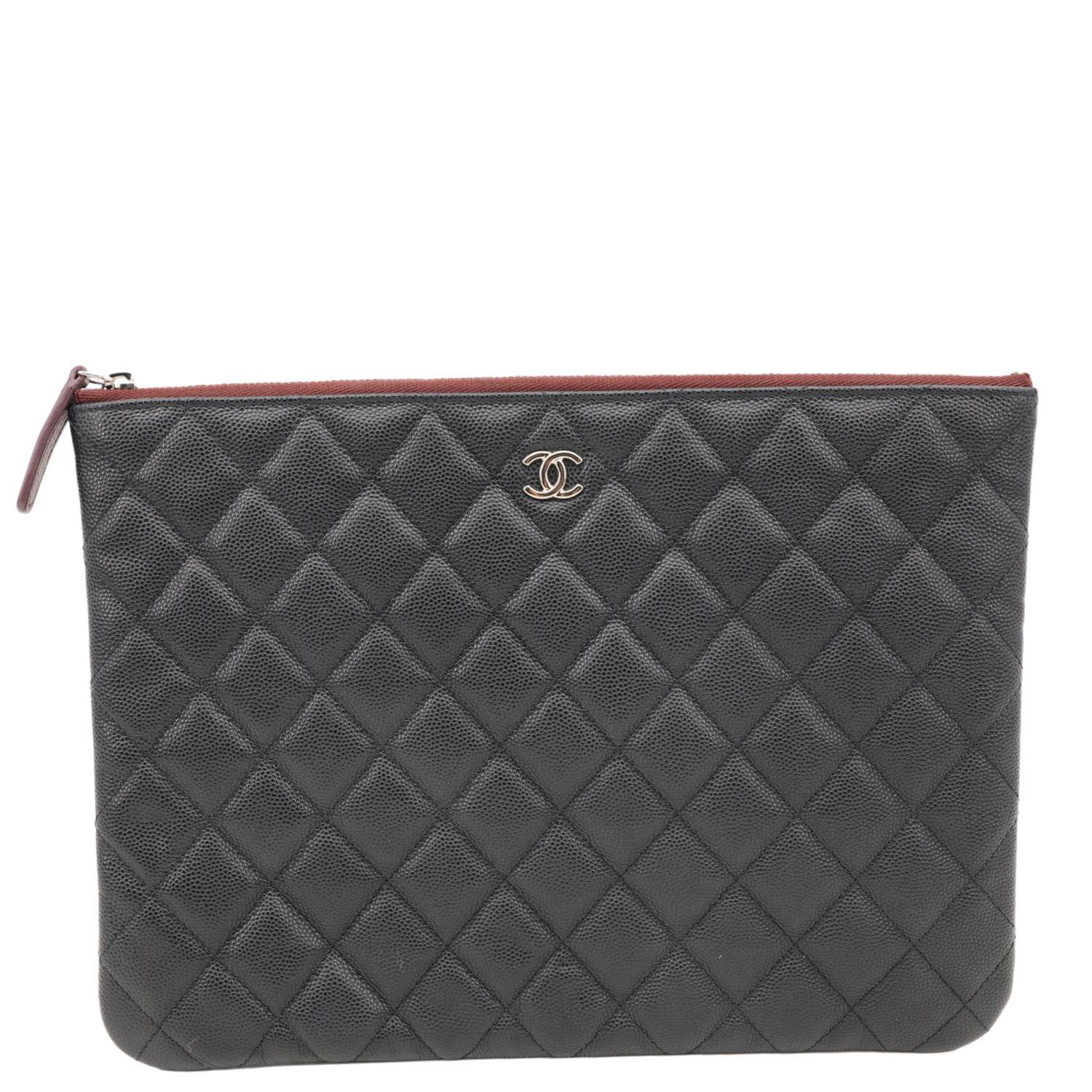 CHANEL O Case Quilted Caviar Leather Clutch Black