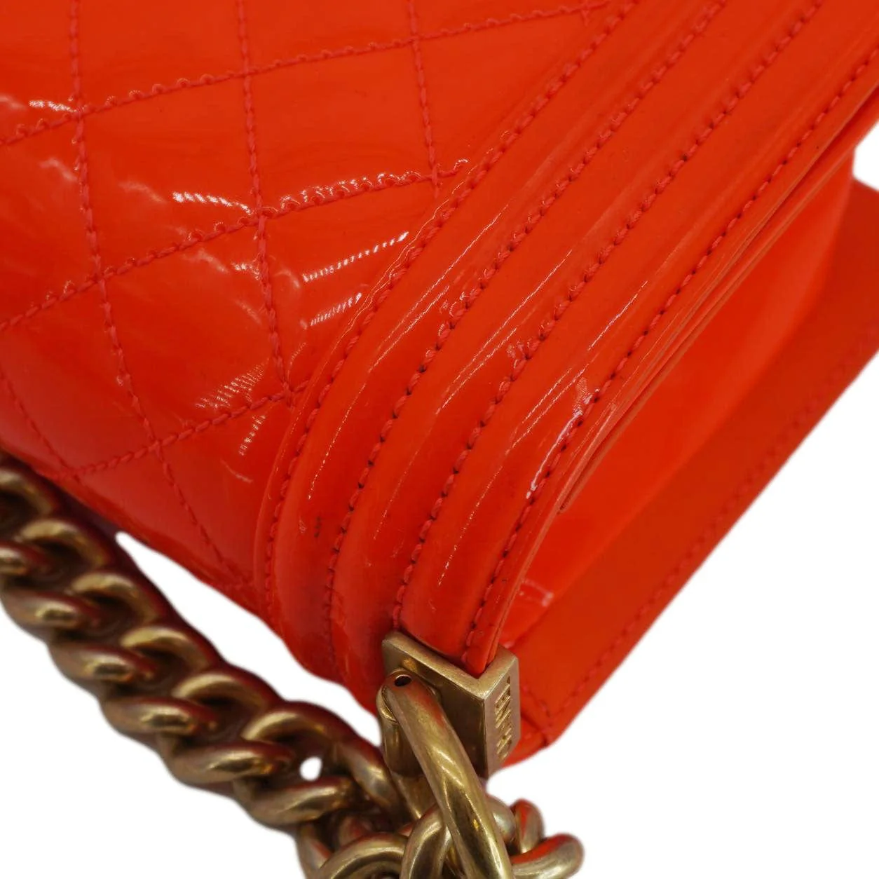 CHANEL Boy Flap Small Quilted Patent Leather Shoulder Bag Orange - Image 6