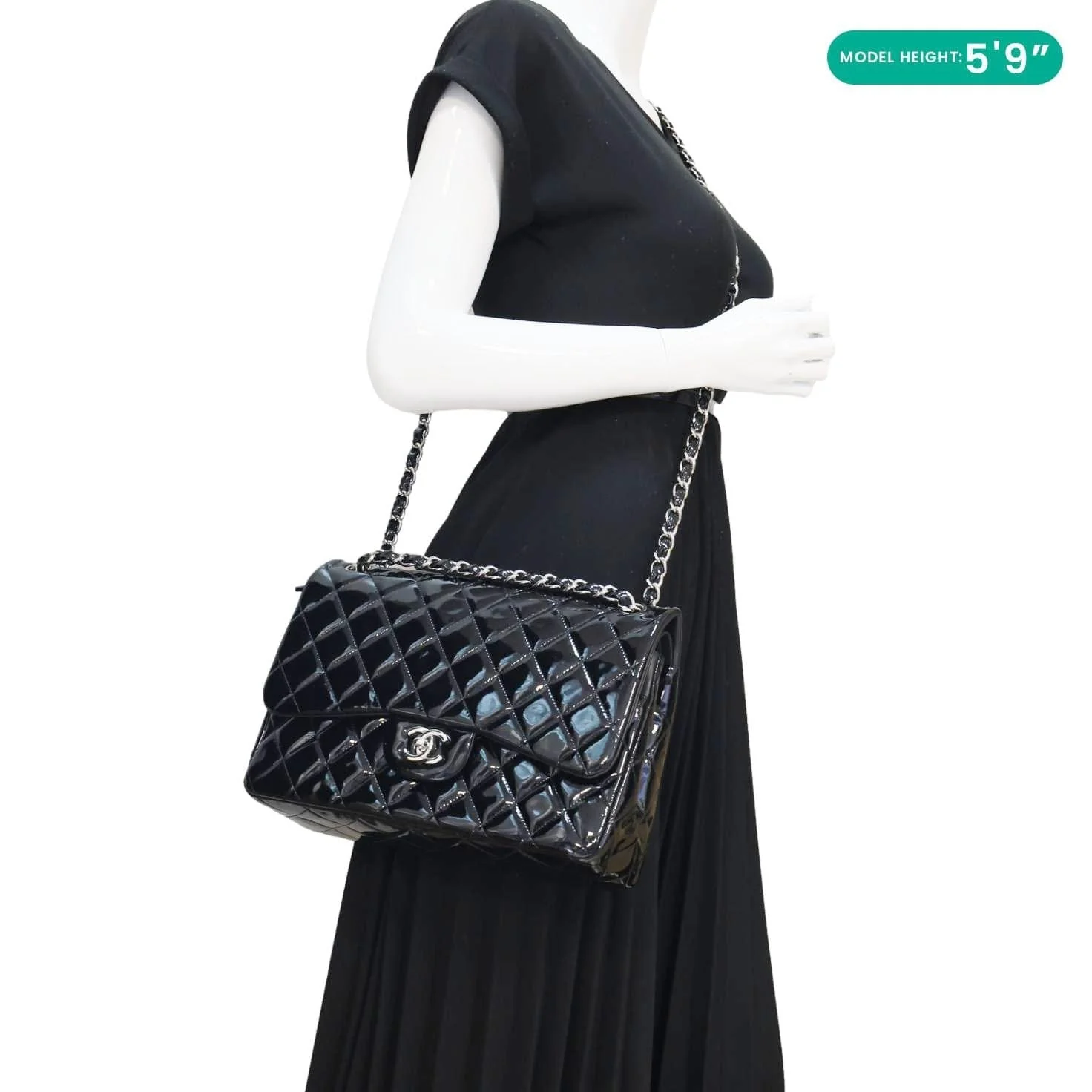 CHANEL Classic Double Flap Patent Leather Shoulder Bag Black - Image 2