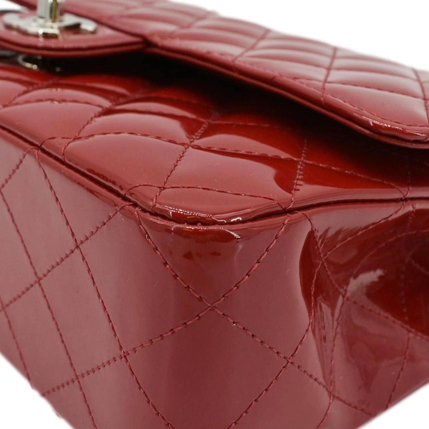 CHANEL Classic Medium Double Flap Quilted Patent Leather Shoulder Bag Red - Image 8