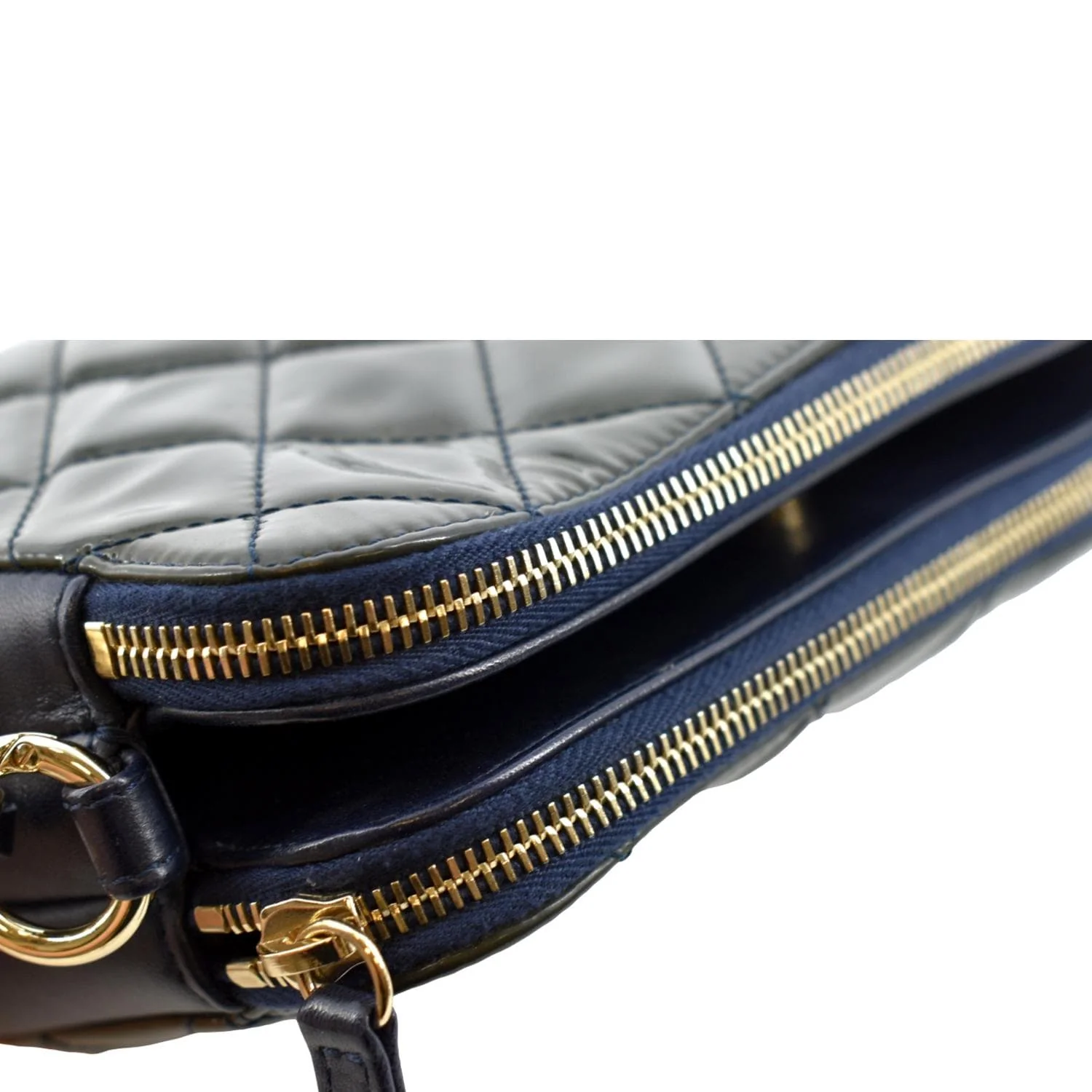 CHANEL Double Zip Patent Leather Shoulder Bag Navy Blue - Image 5