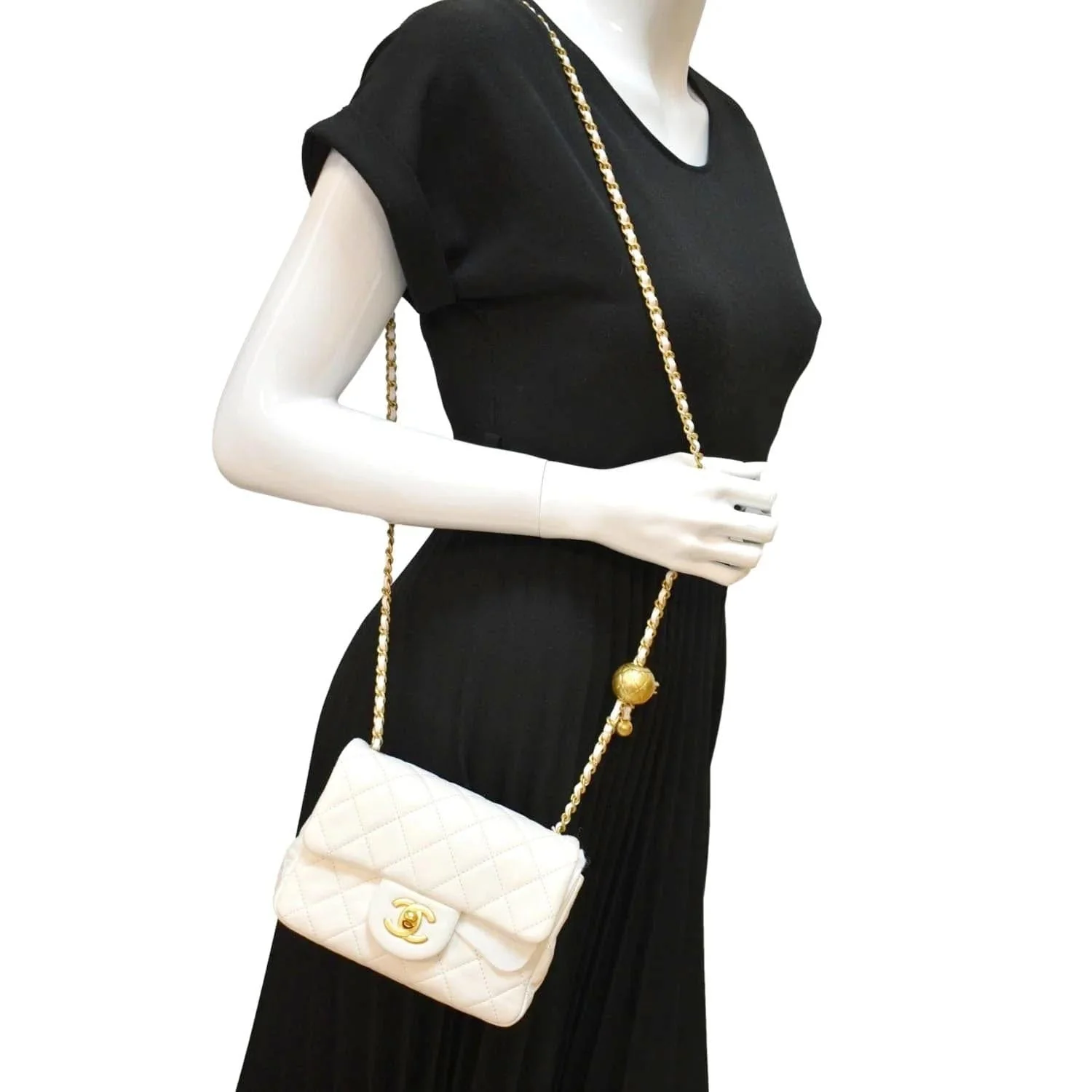 CHANEL Pearl Crush Mini Square Flap Leather Crossbody Bag White - Image 2
