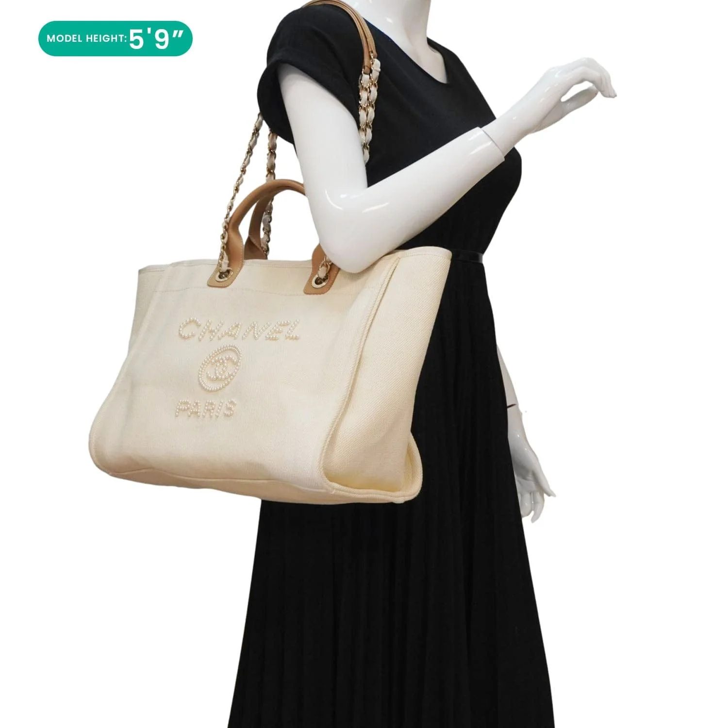 CHANEL Deauville Medium Pearl Embellished Canvas Tote Bag Cream - Image 2