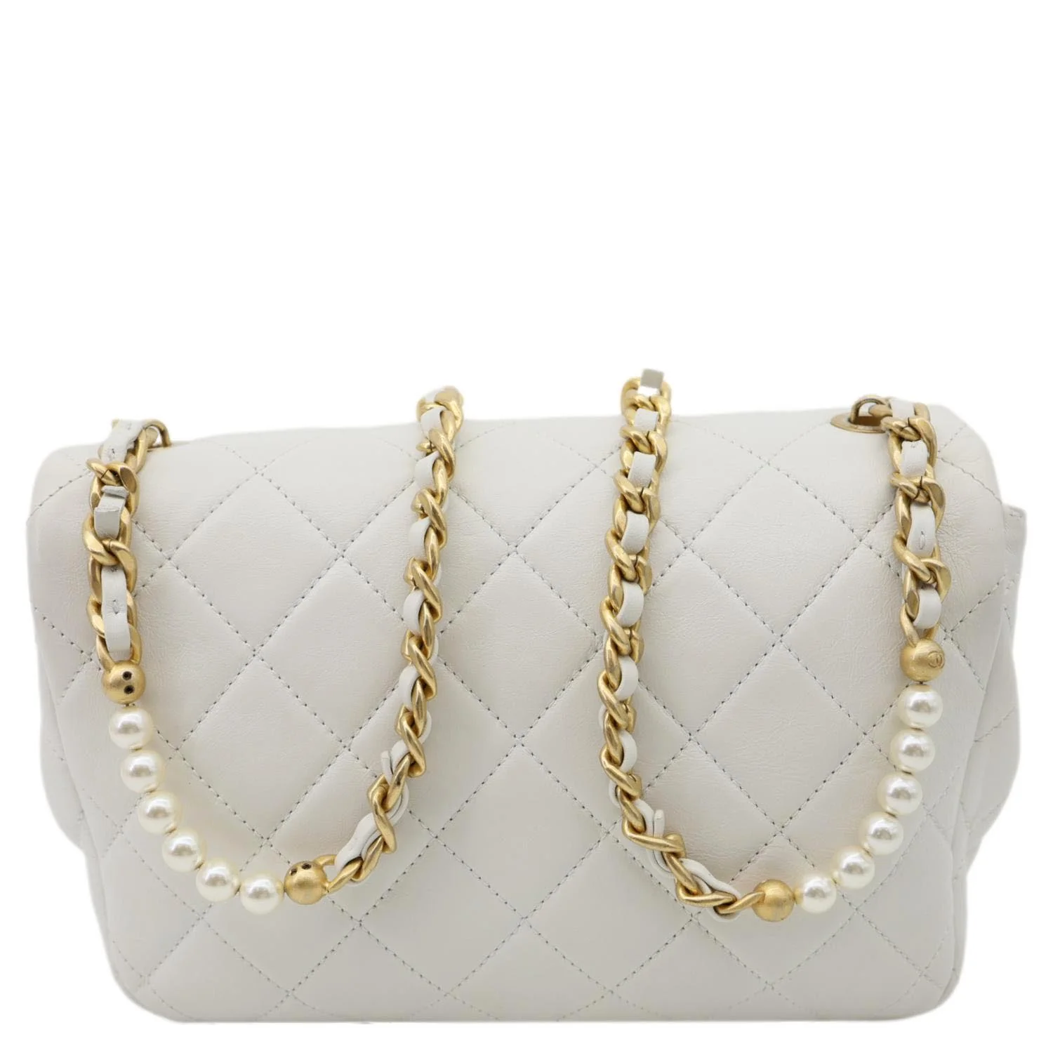 CHANEL Pearl Side Flap Quilted Leather Crossbody Bag White - Image 3