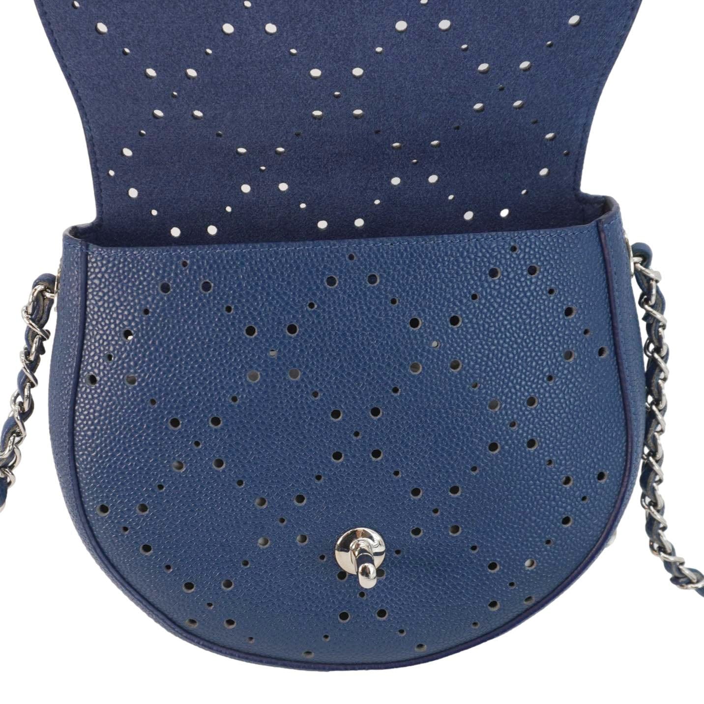 CHANEL Perforated Caviar Leather Messenger Bag Navy Blue - Image 4