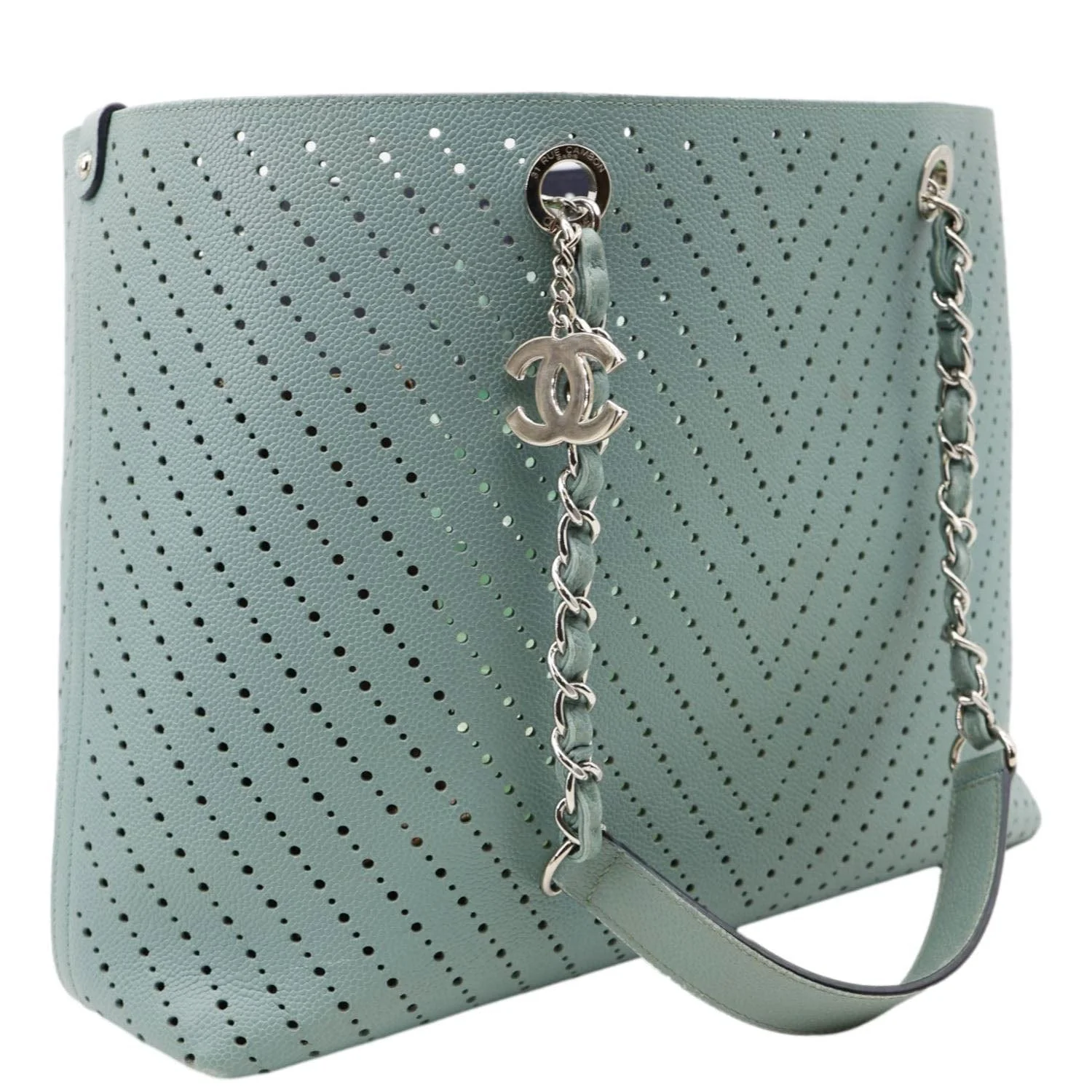 CHANEL Perforated Grained Calfskin Leather Shopping Tote Bag Green - Image 5