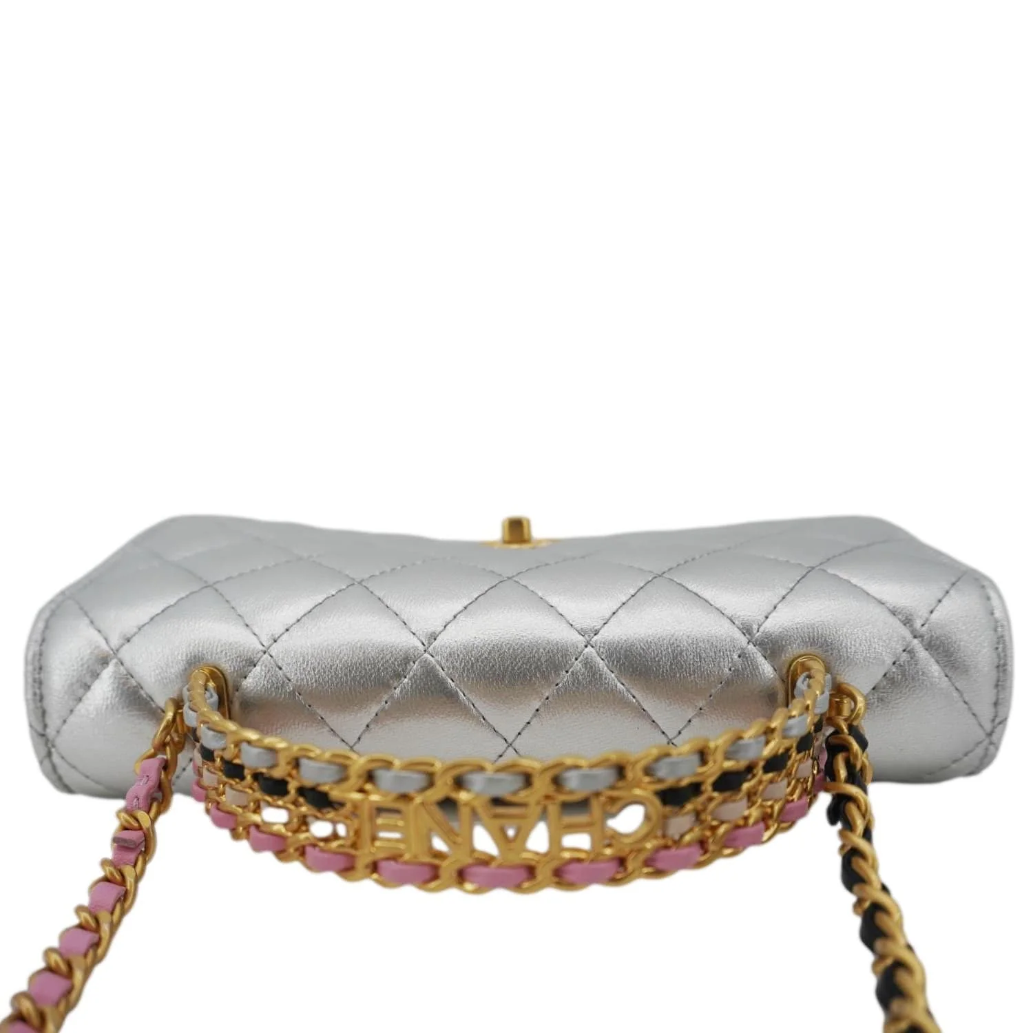 CHANEL Rainbow Woven WOC Calfskin Leather Top Handle Bag Metallic Silver - Image 5