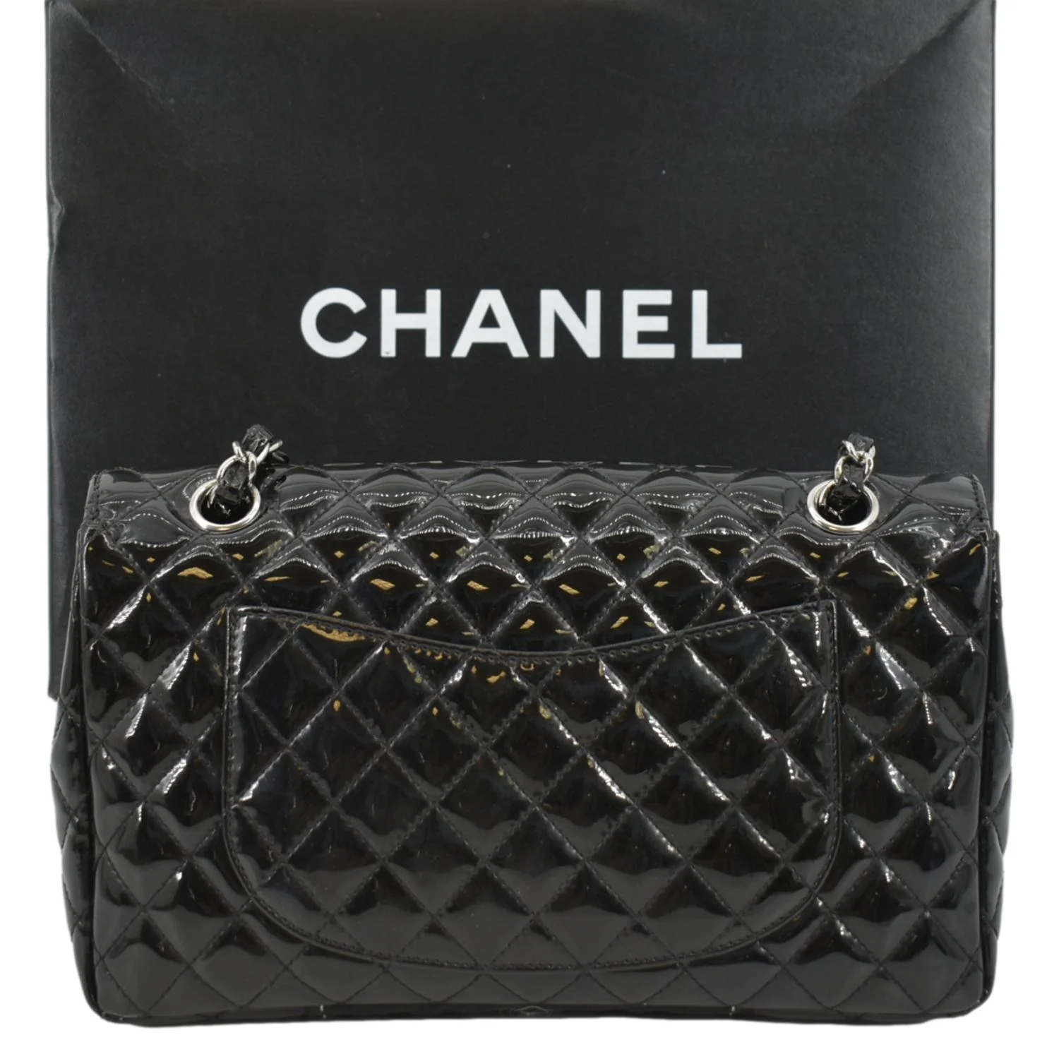 CHANEL Secret Label Flap Patent Leather Shoulder Bag Black - Image 3