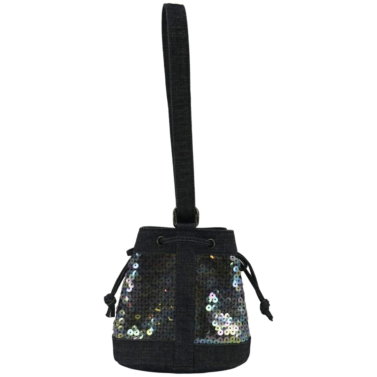 CHANEL Sequin Denim Small Drawstring Bucket Bag Blue - Image 4