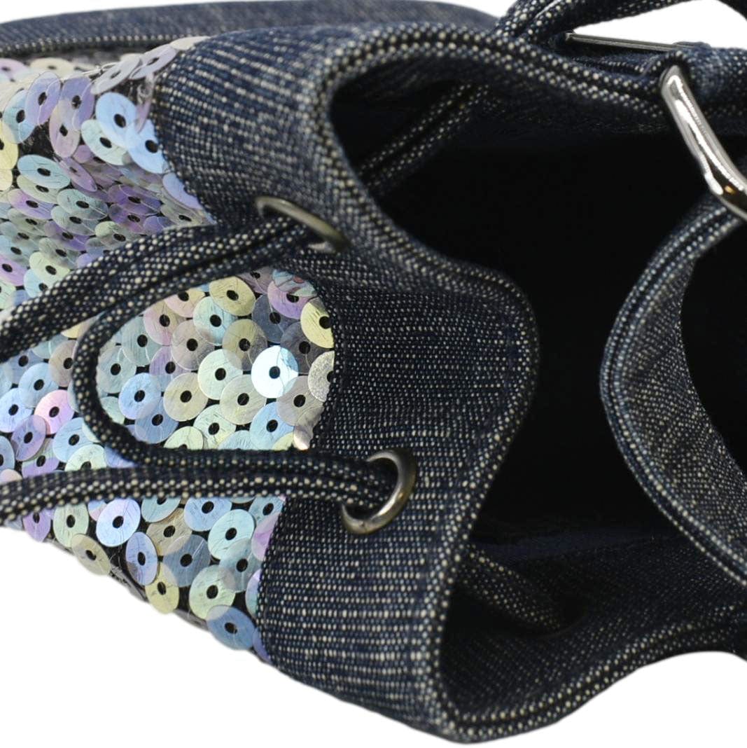 CHANEL Sequin Denim Small Drawstring Bucket Bag Blue - Image 5