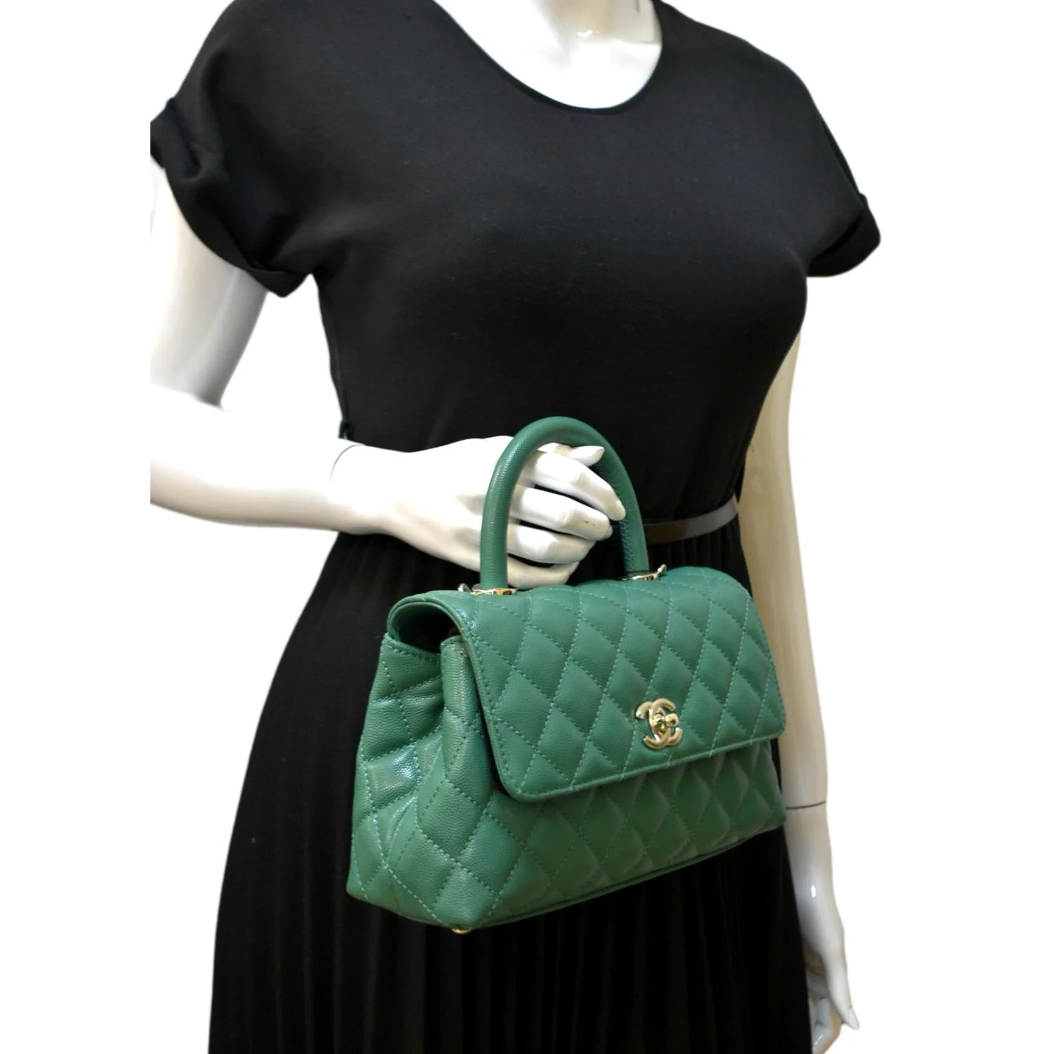 CHANEL Coco Mini Top Handle Caviar Leather Shoulder Bag Green - Image 2