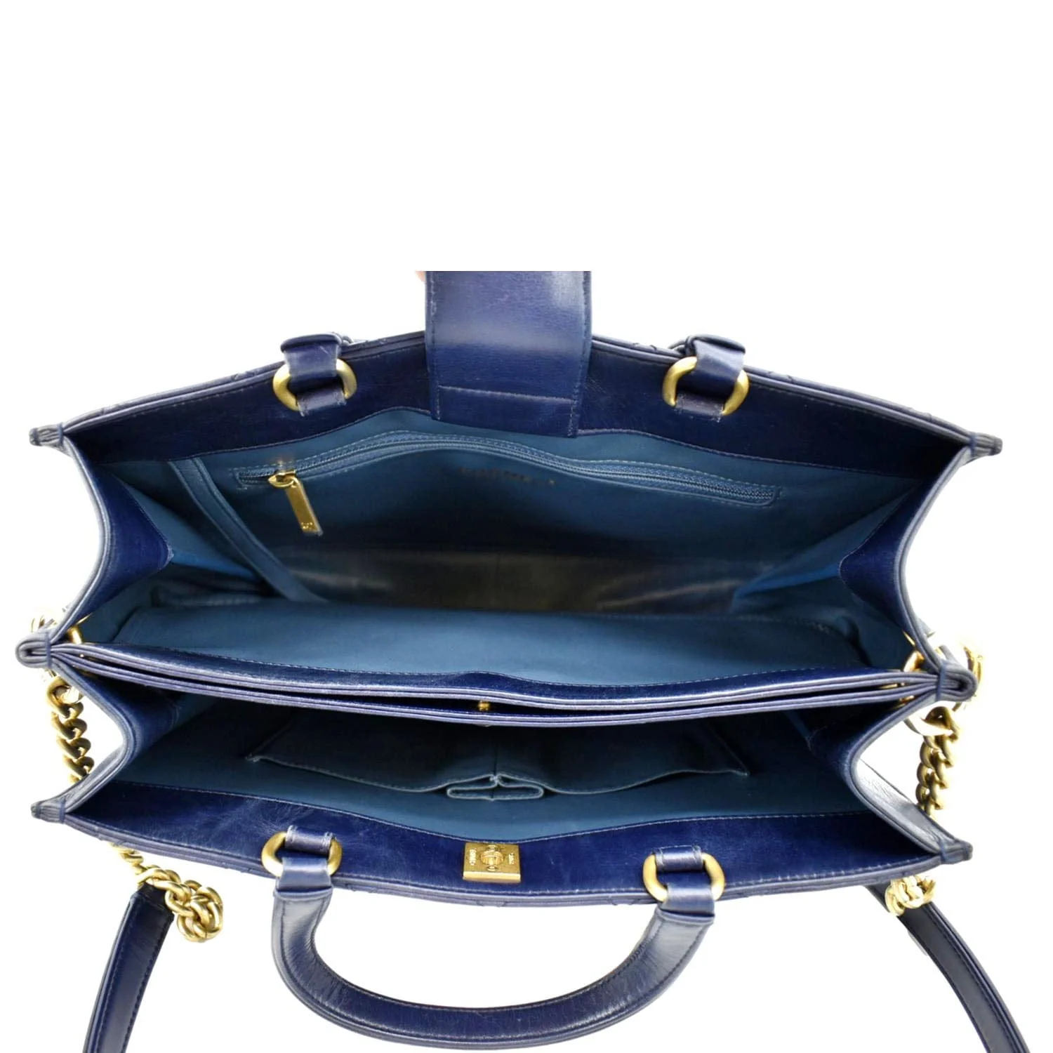 CHANEL Small Straight Lined Shopping Quilted Leather Tote Bag Blue - Image 10
