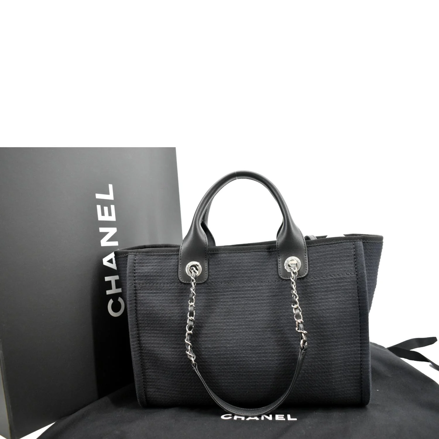 CHANEL Deauville Small Canvas Leather Tote Bag Dark Blue - Image 3