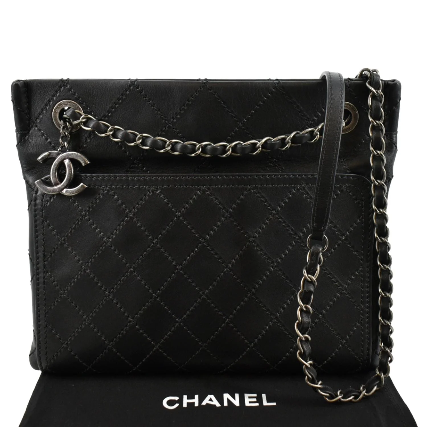 CHANEL Stitched CC Pocket Leather Shoulder Bag Black - Image 3