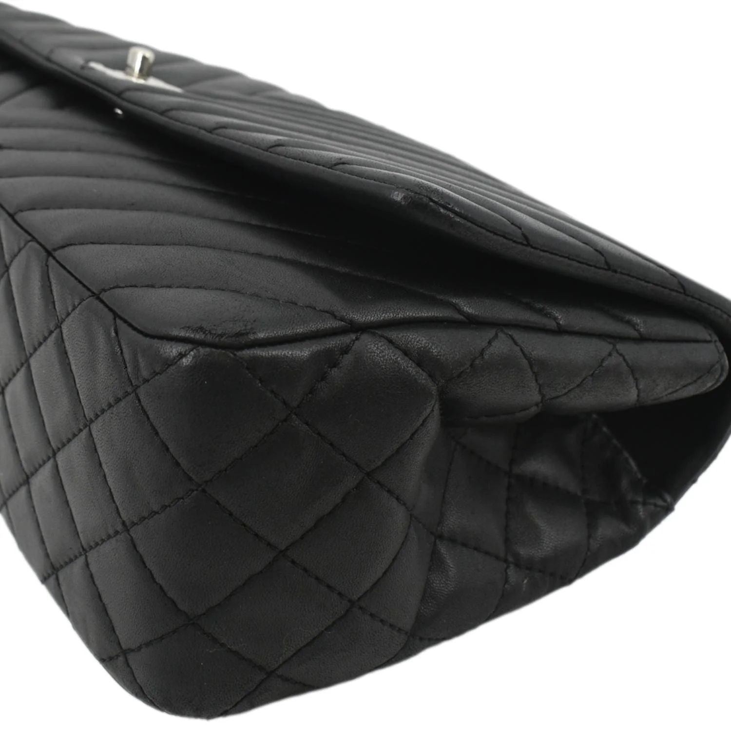 CHANEL Surpique Jumbo Chevron Lambskin Leather Flap Crossbody Bag Black - Image 8