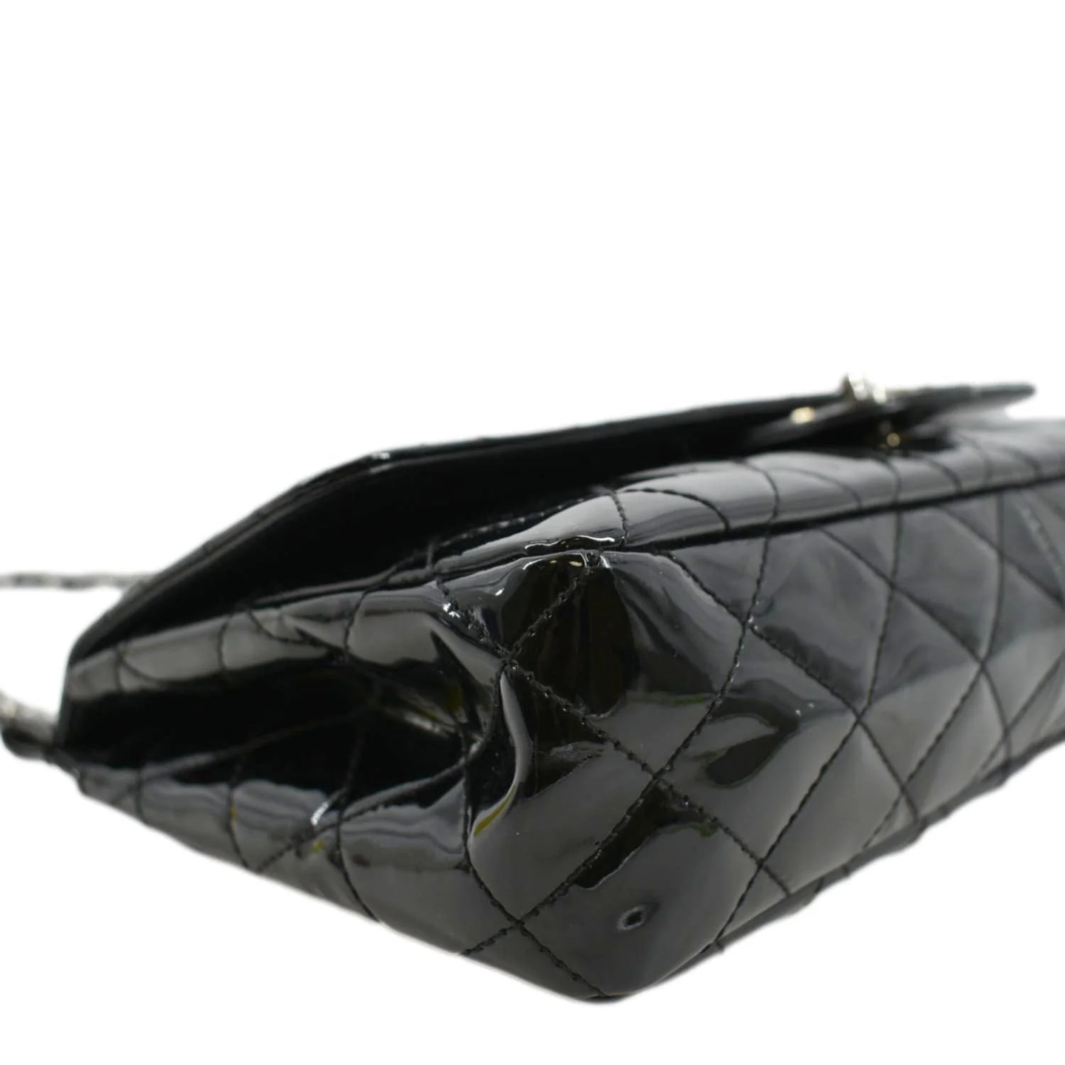 CHANEL Through Flap Quilted Patent Leather Shoulder Bag Black - Image 7