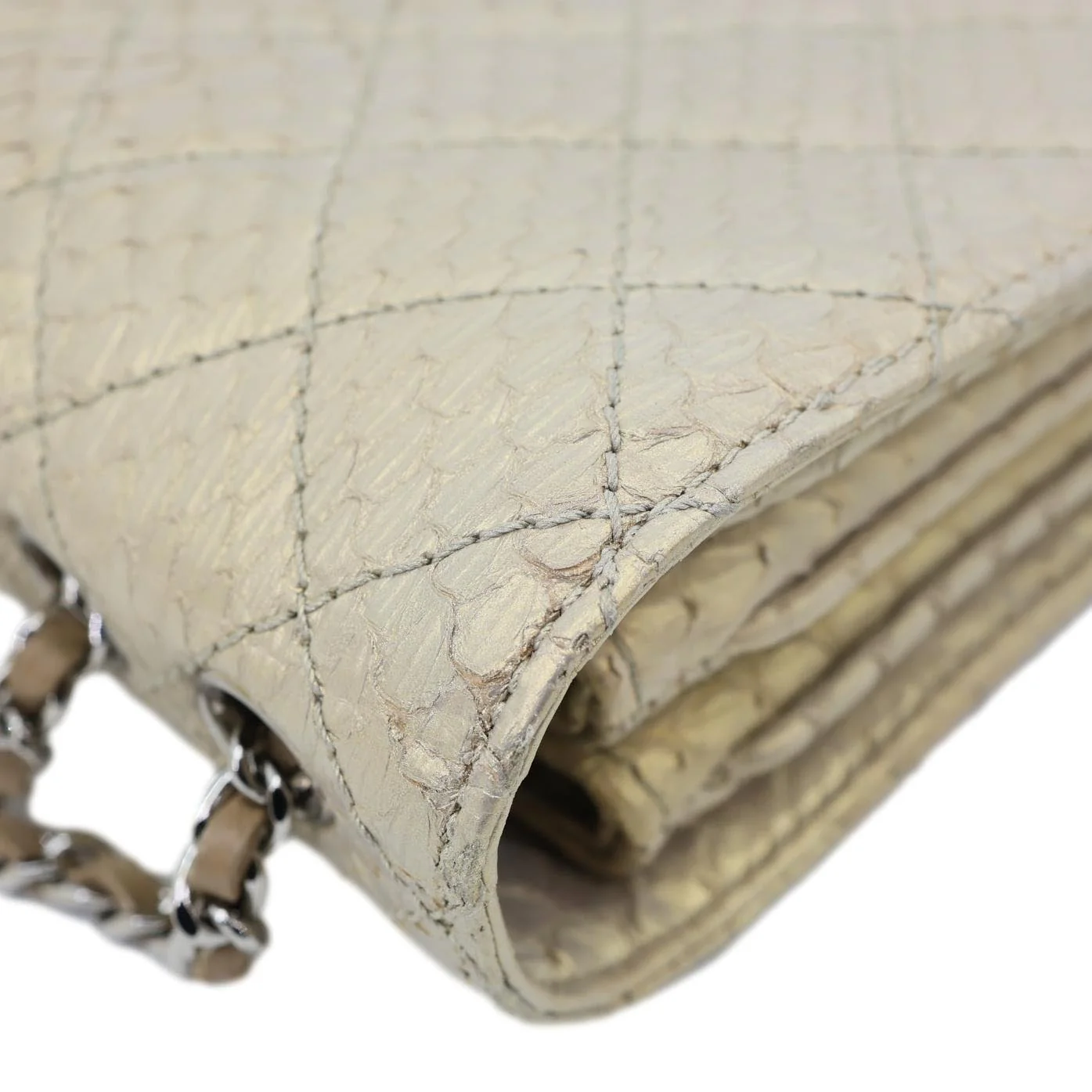 CHANEL Timeless Classic Flap Quilted Python Leather Shoulder Bag Gold - Image 12