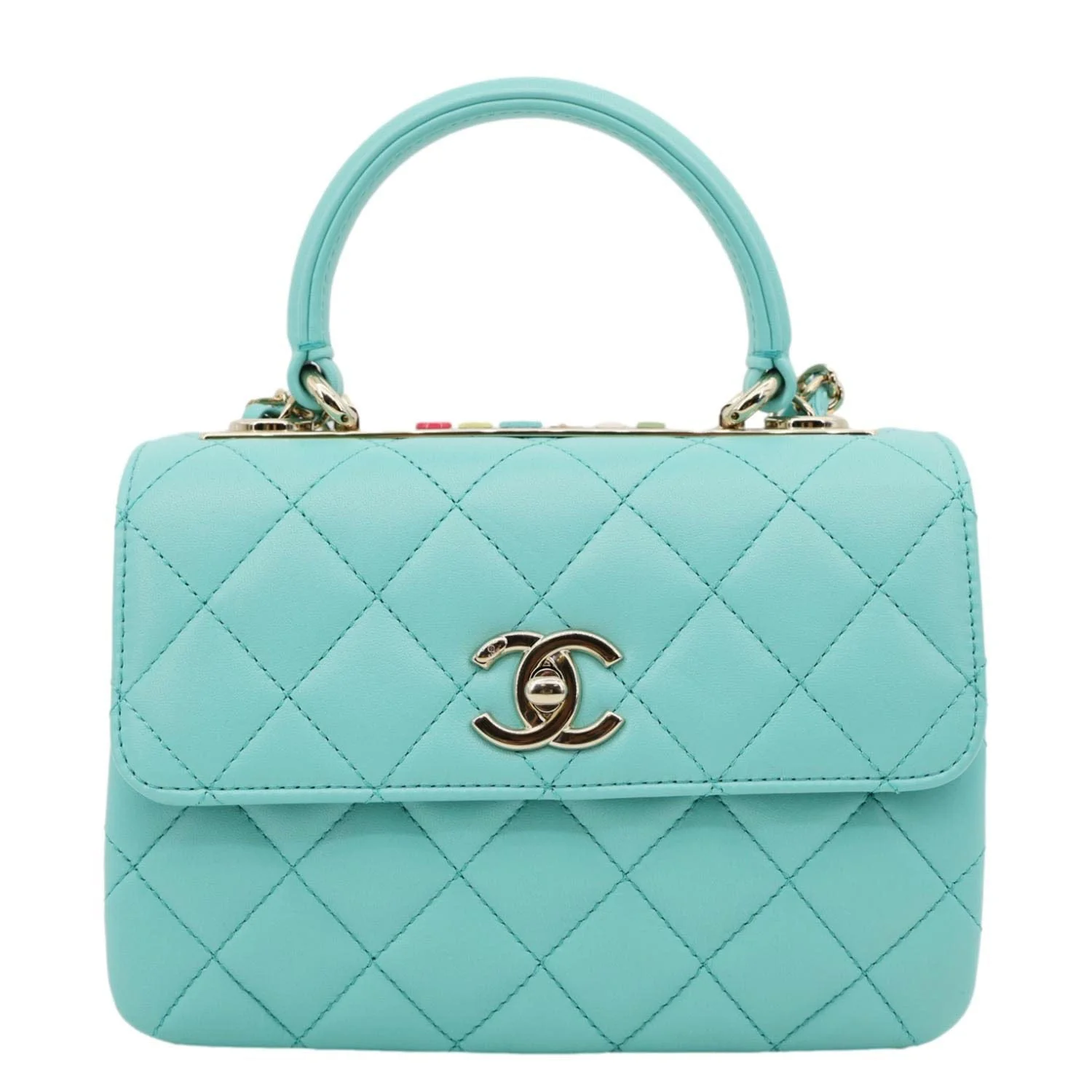CHANEL Trendy CC Flap Mini Quilted Lambskin Top Handle Shoulder Bag Turquoise - Image 3