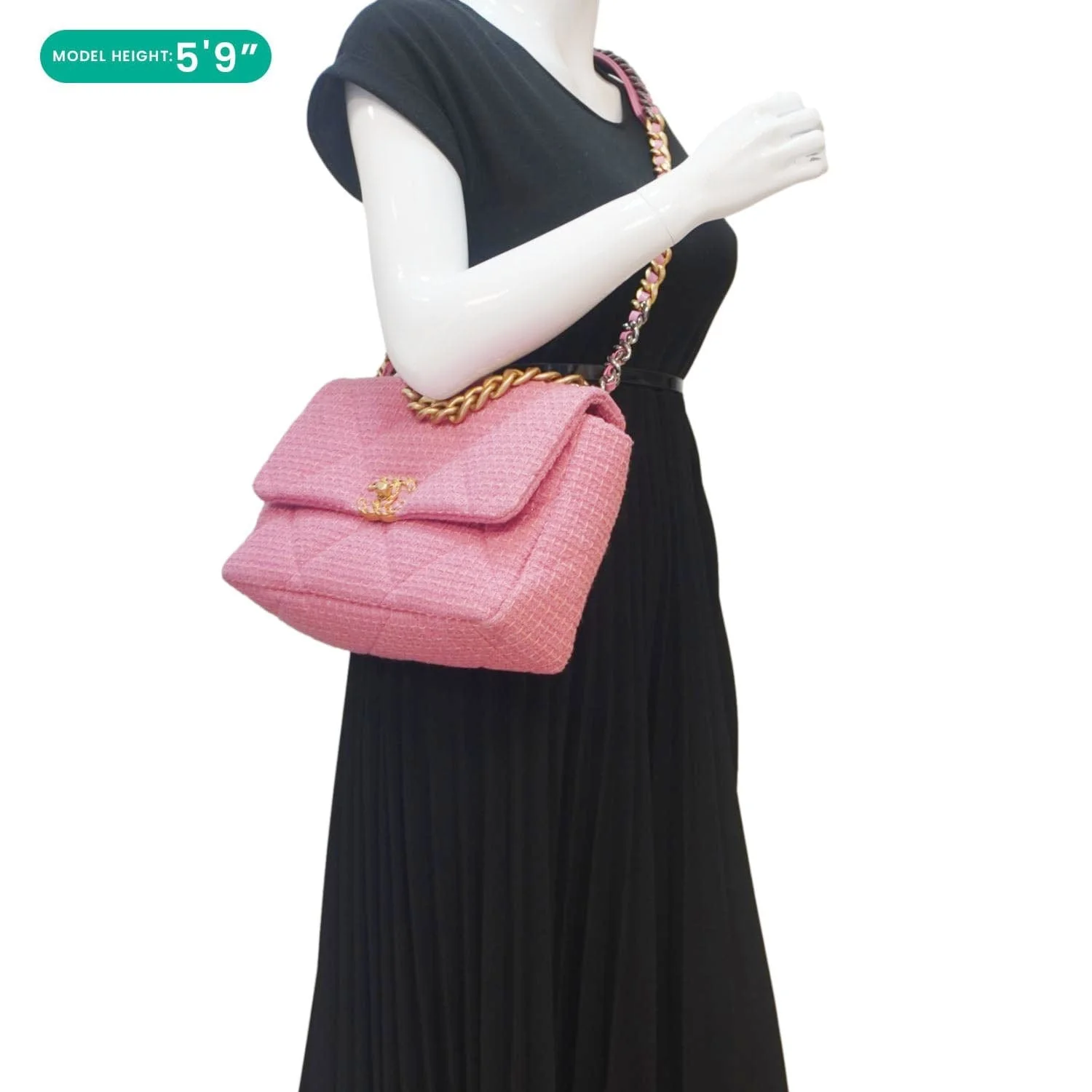 CHANEL 19 Flap Medium Quilted Tweed Shoulder Bag Rose Pink - Image 2