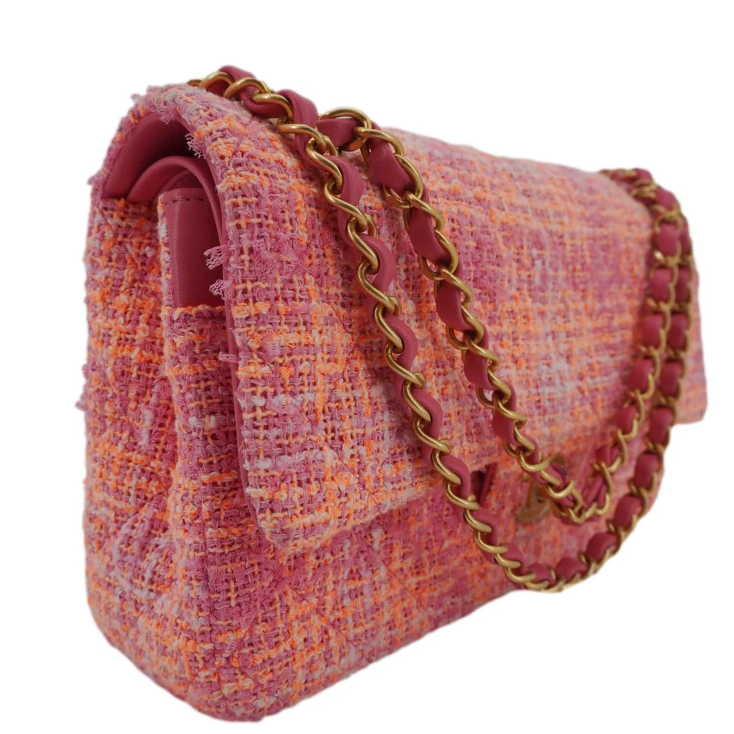 CHANEL Rectangular Flap Medium Quilted Tweed Shoulder Bag Pink - Image 12
