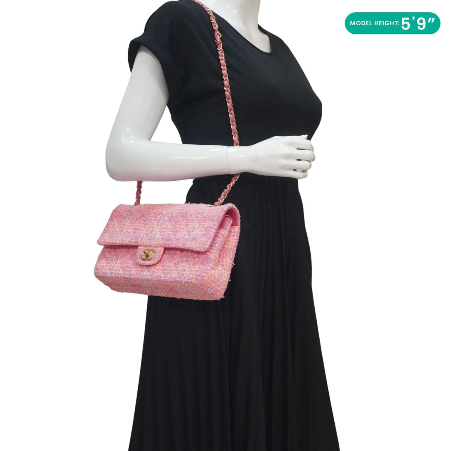 CHANEL Rectangular Flap Medium Quilted Tweed Shoulder Bag Pink - Image 2