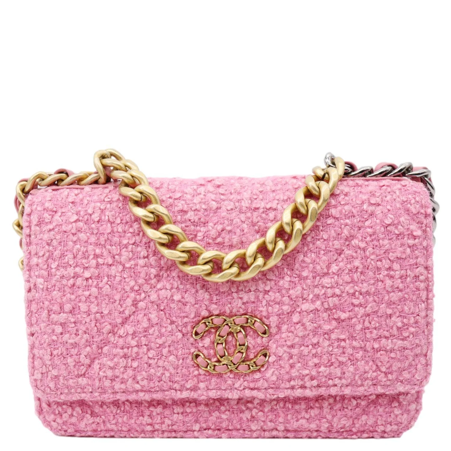 CHANEL 19 Flap Wool Tweed Wallet On Chain Shoulder Bag Pink - Image 4