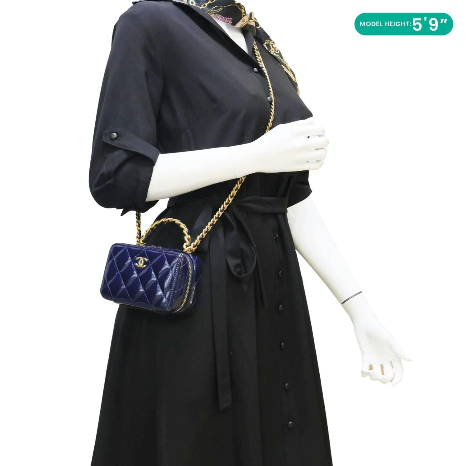 CHANEL Woven Chain Vanity Case Mini Patent Leather Top Handle Shoulder Bag Blue - Image 2