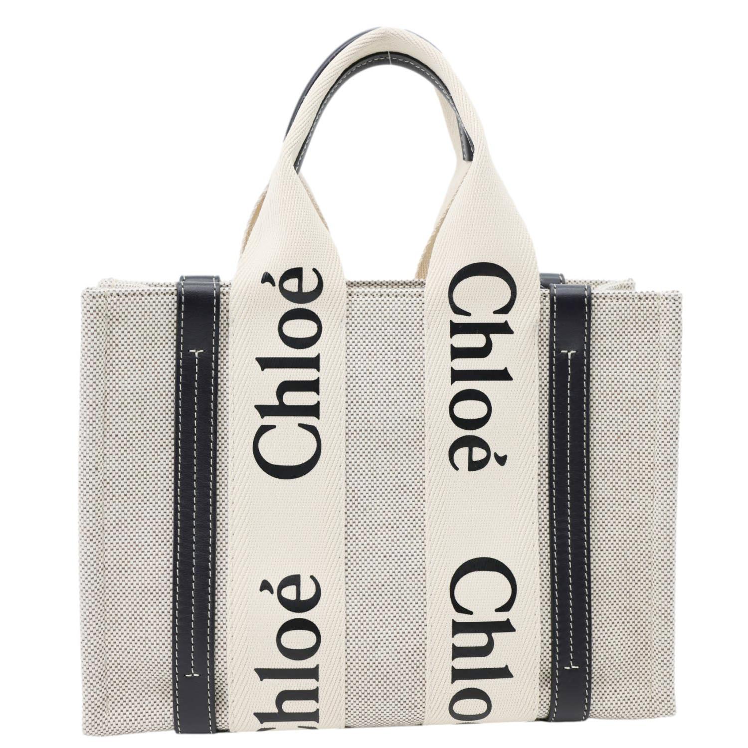 CHLOE Woody Small Linen Canvas Tote Bag Off White - Image 3