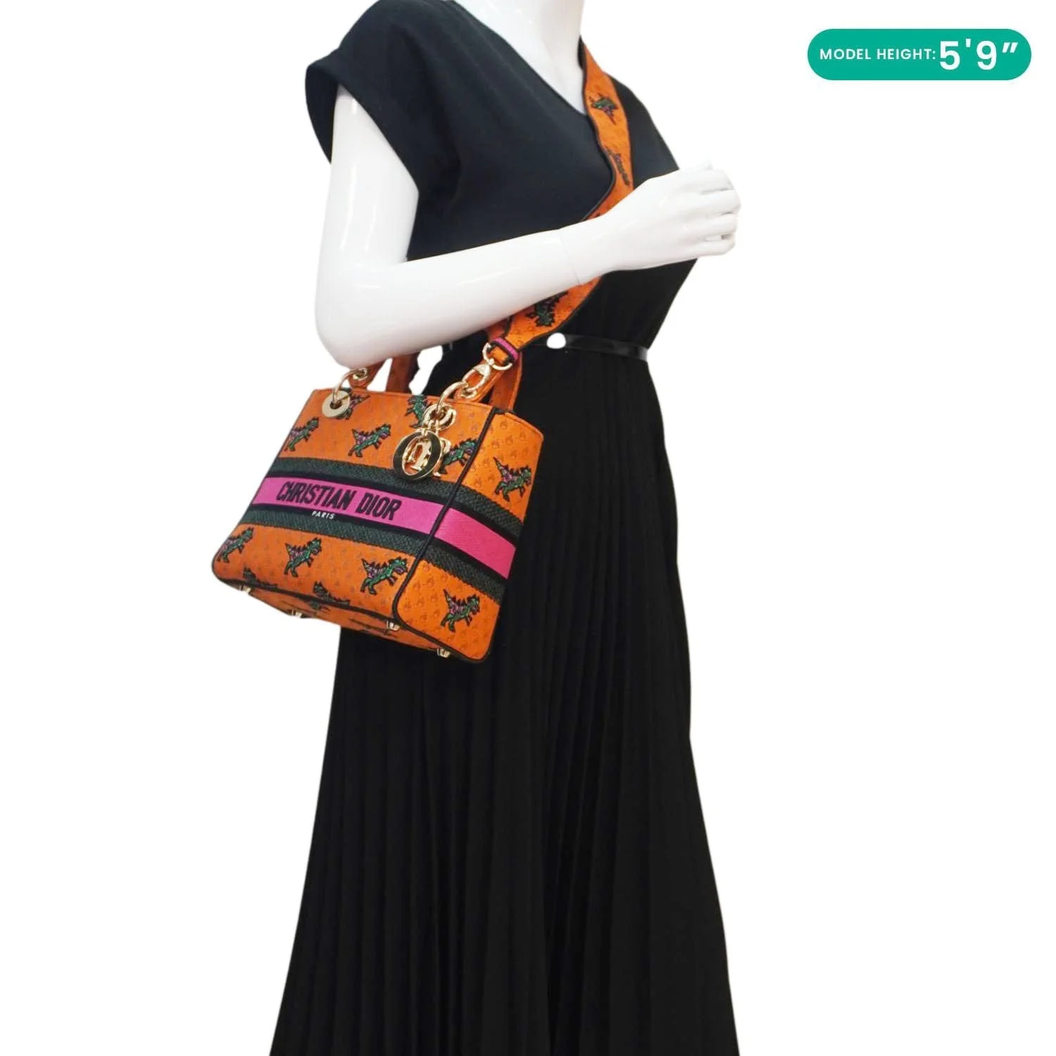 CHRISTIAN DIOR Lady Dior D-Lite Medium Dino Embroidered Shoulder Bag Orange - Image 2