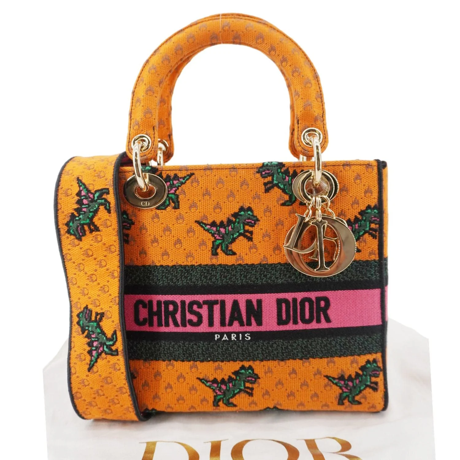 CHRISTIAN DIOR Lady Dior D-Lite Medium Dino Embroidered Shoulder Bag Orange - Image 3