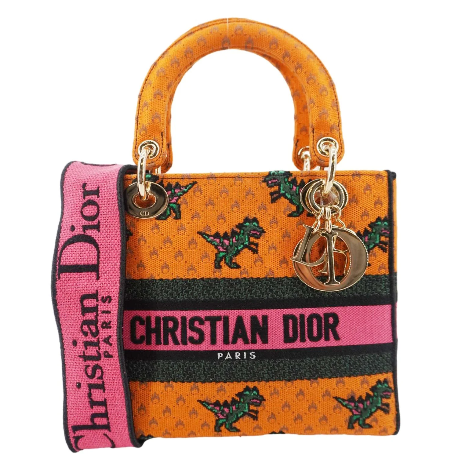 CHRISTIAN DIOR Lady Dior D-Lite Medium Dino Embroidered Shoulder Bag Orange - Image 4