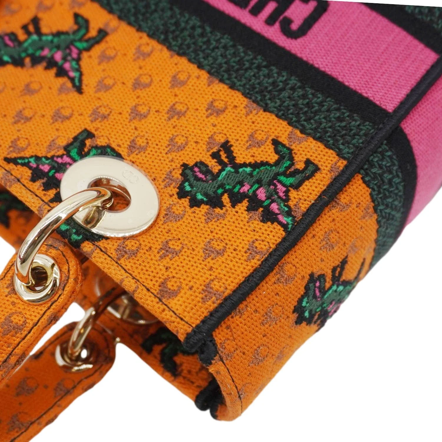 CHRISTIAN DIOR Lady Dior D-Lite Medium Dino Embroidered Shoulder Bag Orange - Image 7