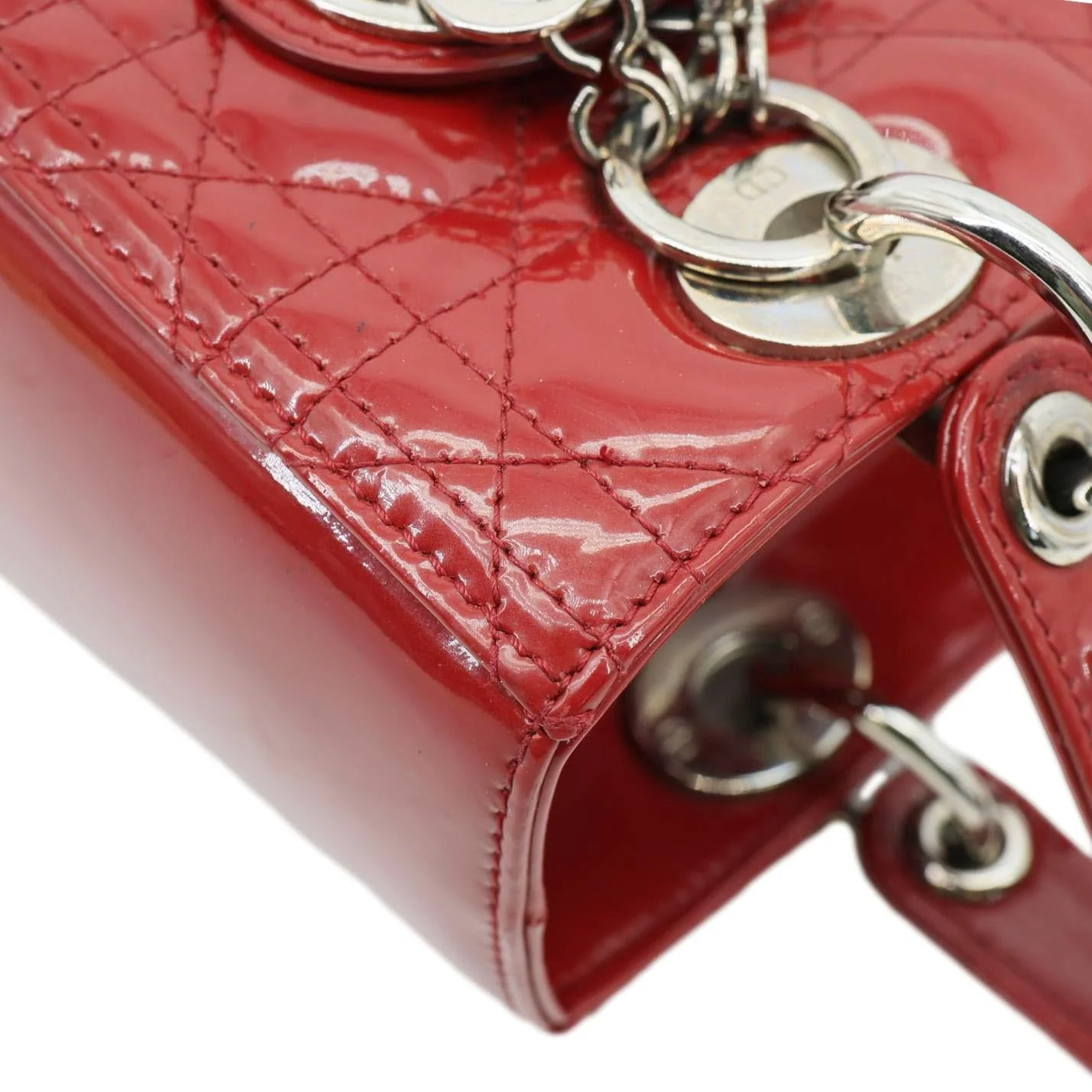 CHRISTIAN DIOR Lady Dior Medium Quilted Patent Leather Shoulder Bag Burgundy - Image 7