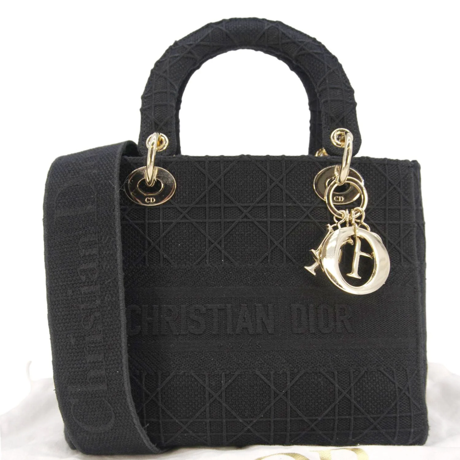CHRISTIAN DIOR Lady dior D-Lite Embroidered Canvas Shoulder Bag Black - Image 3