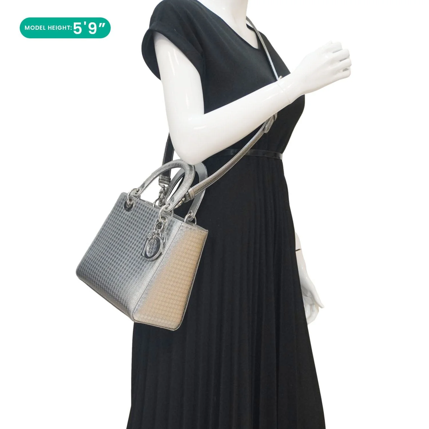 CHRISTIAN DIOR Lady Dior Medium Leather Shoulder Bag Metallic Silver - Image 2