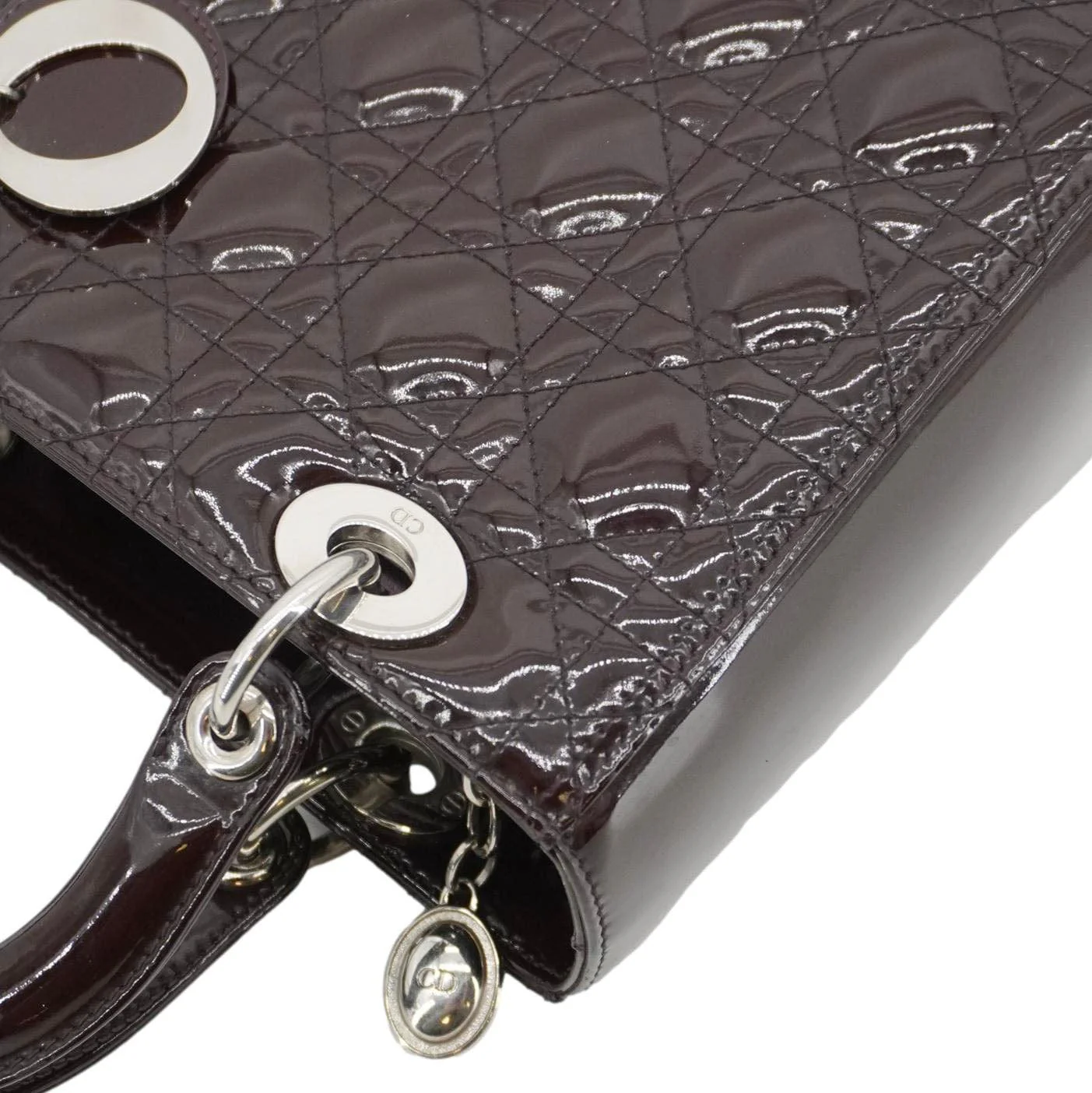 CHRISTIAN DIOR Lady Dior Quilted Patent Leather Shoulder Bag Burgundy - Image 7